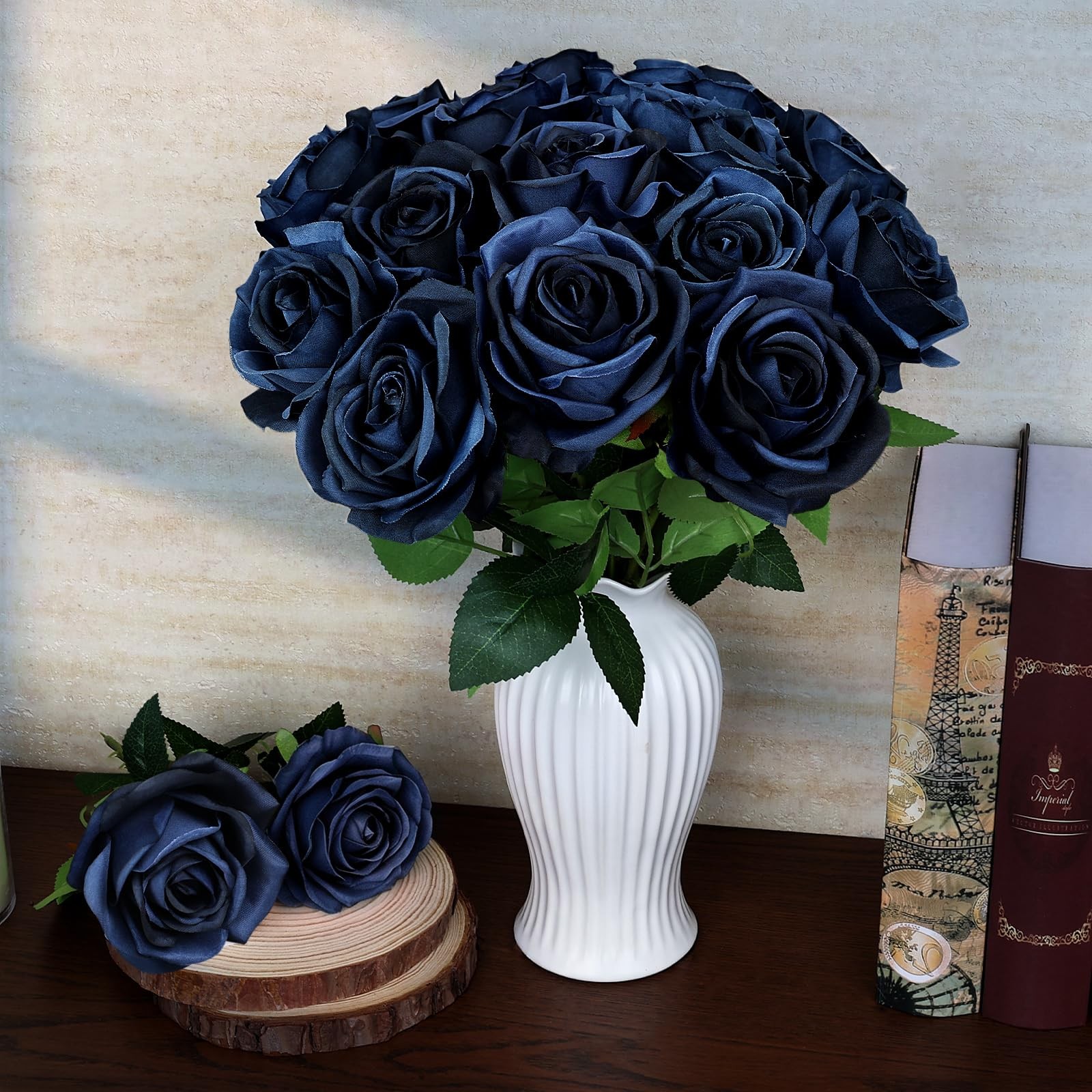 16 PCS Roses Artificial Flowers – Fake Silk Navy Blue Rose in Bulk with Long …