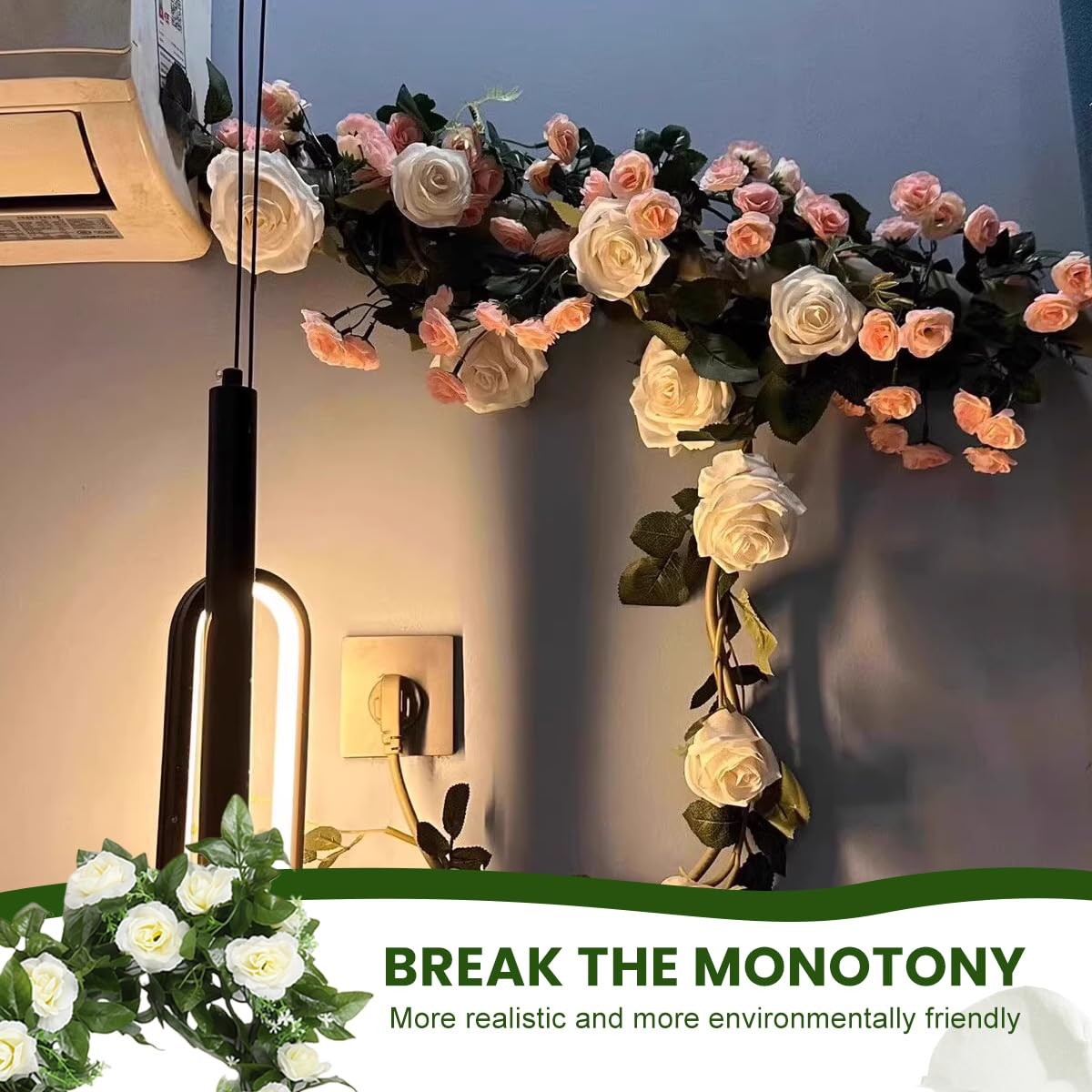 2Pack White Artificial Rose Garland Fake Silk Flower Vine with Greenery Hangi…