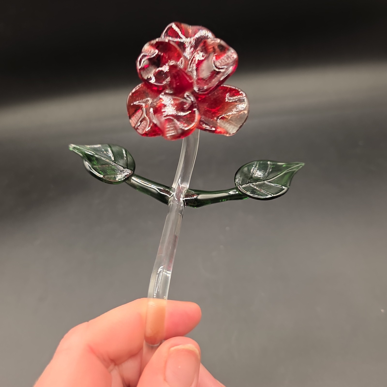 Glass Long Stem Red Rose with Green Leaves 10″ Applied Blown