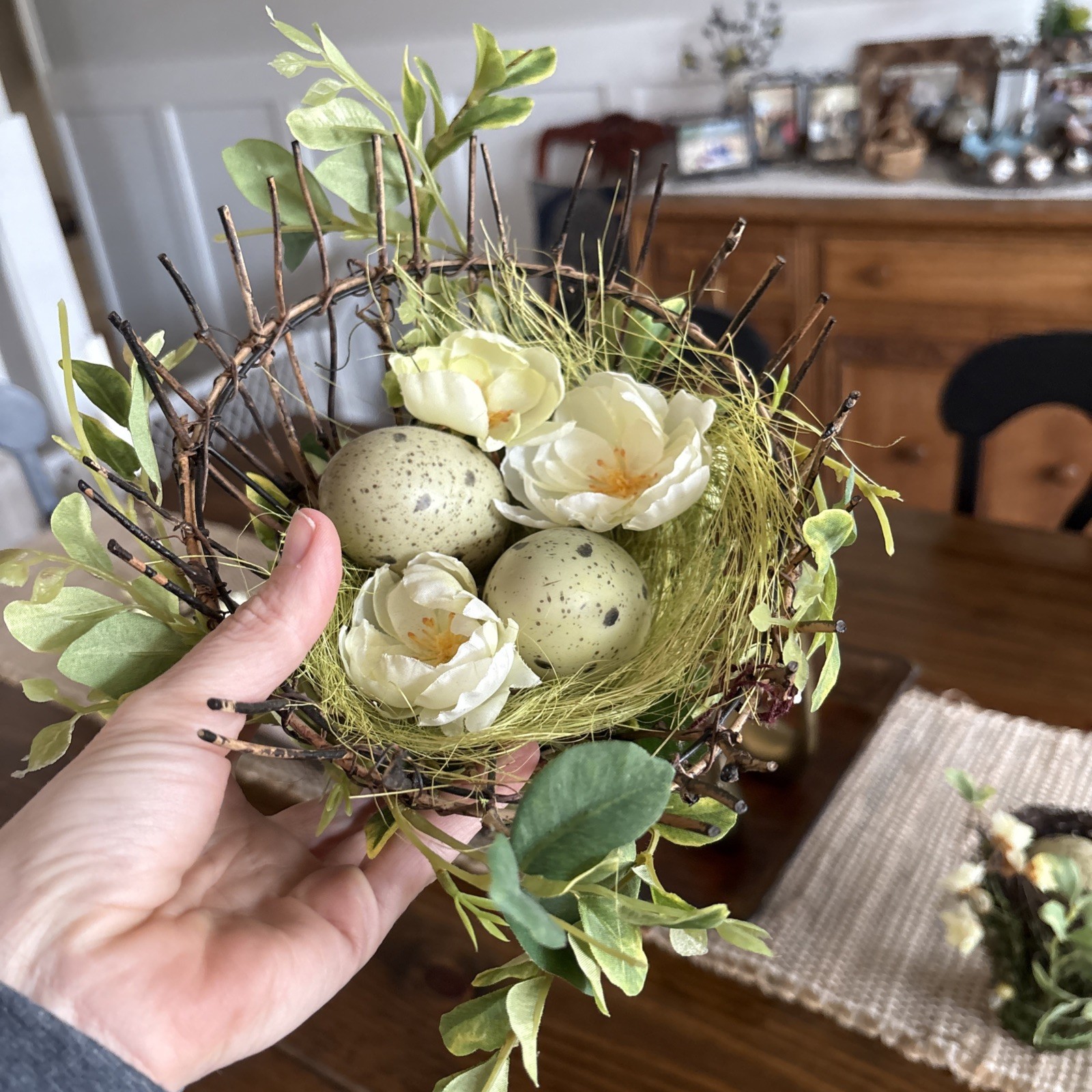 Easter Table Decor Bird’s Nest With Faux Eggs & Yellow Artificial Flowers Spring