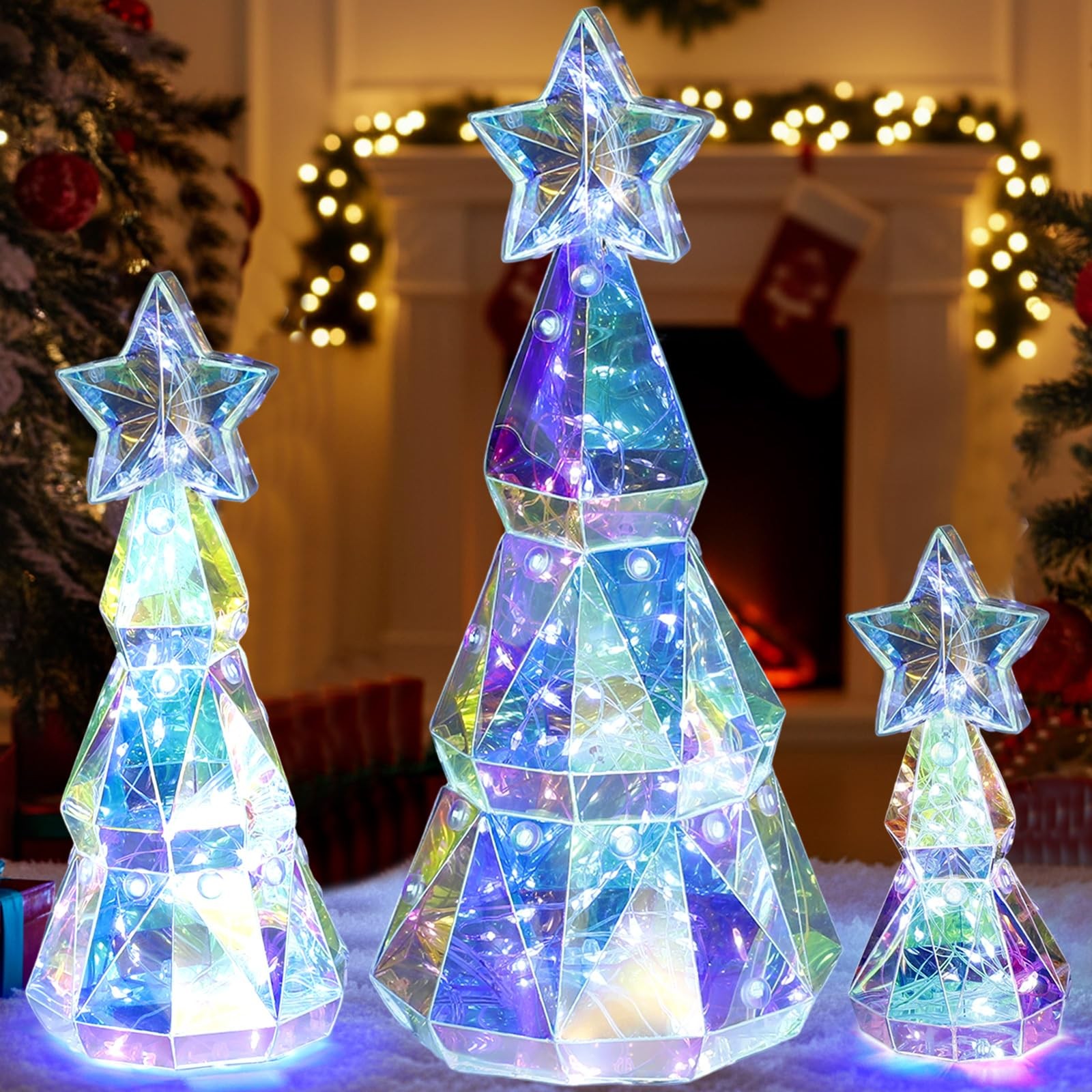 Gemscream Set of 3 Size Prismatic Iridescent Christmas Trees with LED Lights …