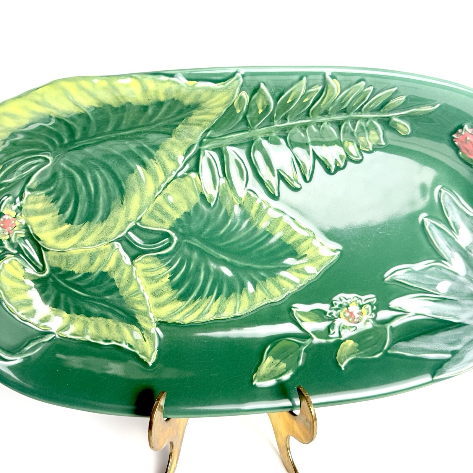 Opalhouse MAIOLICA STONEWARE GREEN LEAF FLORAL Decorative Tray 18″X9″ Handles
