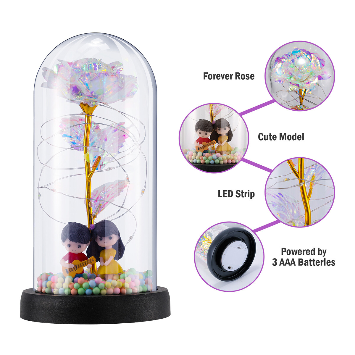 Rose Flower In Glass with LED Light Gifts For Her Valentine Girlfriend Birthday