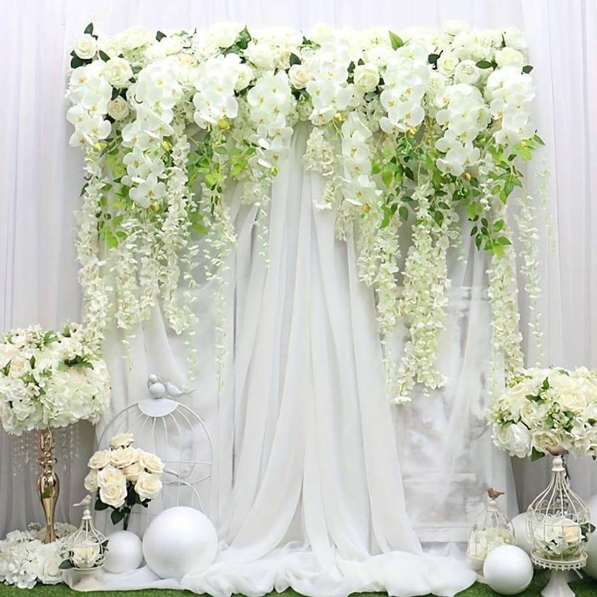 12 White Artificial Wisteria Flower Garland – Silk Hanging Vines for Home, Weddi