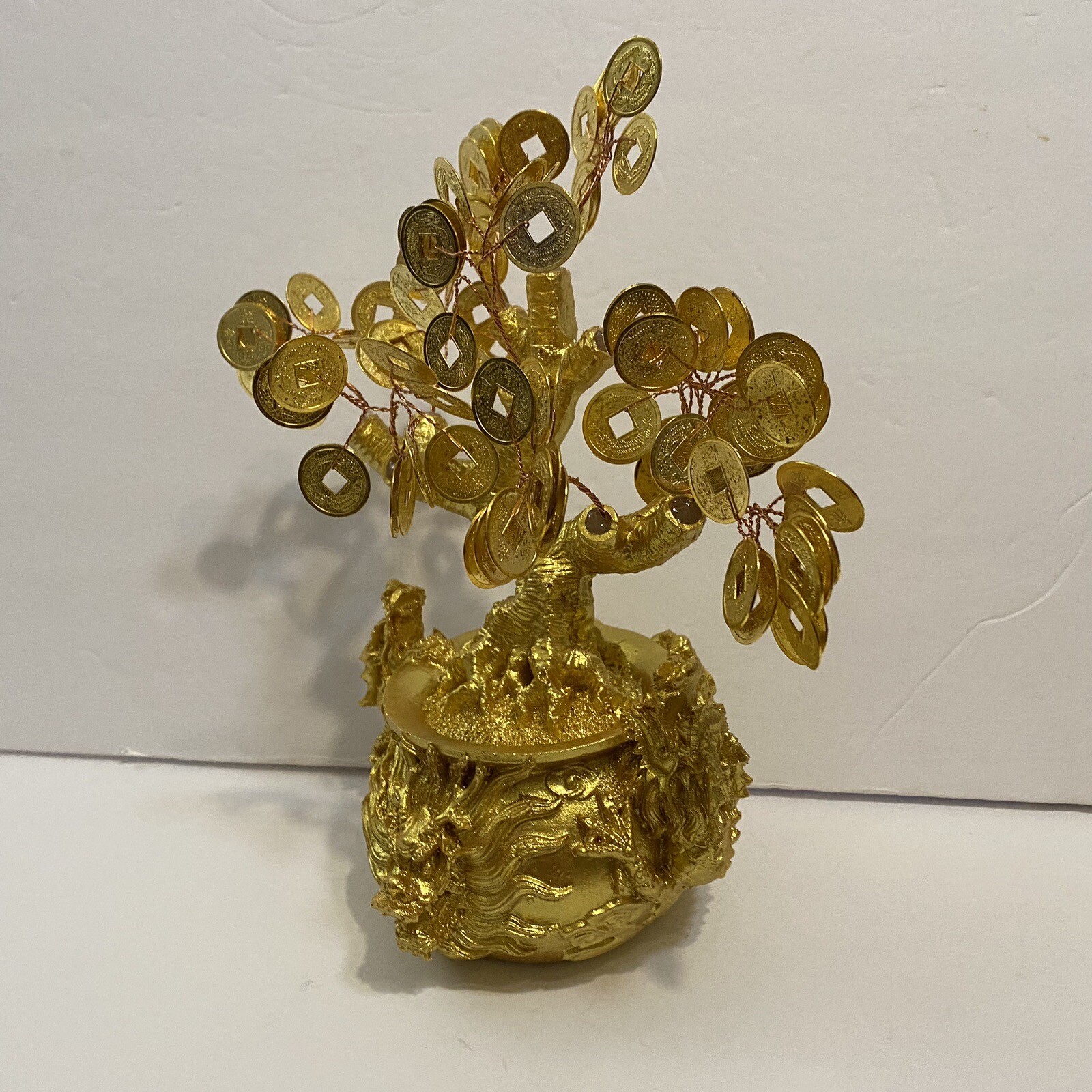Feng Shui 9 “ Tall Money Tree Dragon Pot w/ Gold Coins Decor. for Luck / Wealth