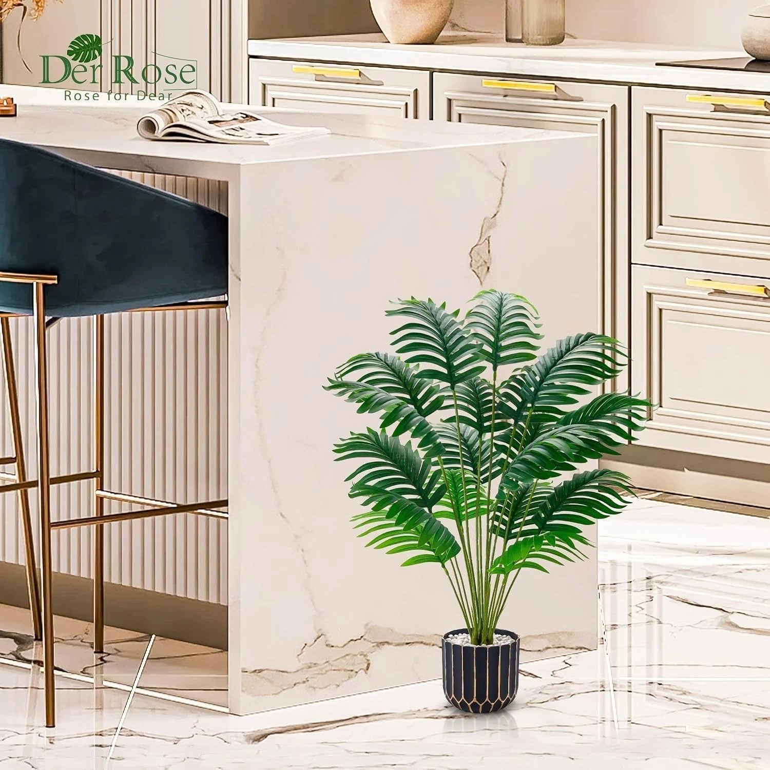 Realistic 28” Tall Faux Palm Tree with Black & Gold Pot for Stylish Home Decor