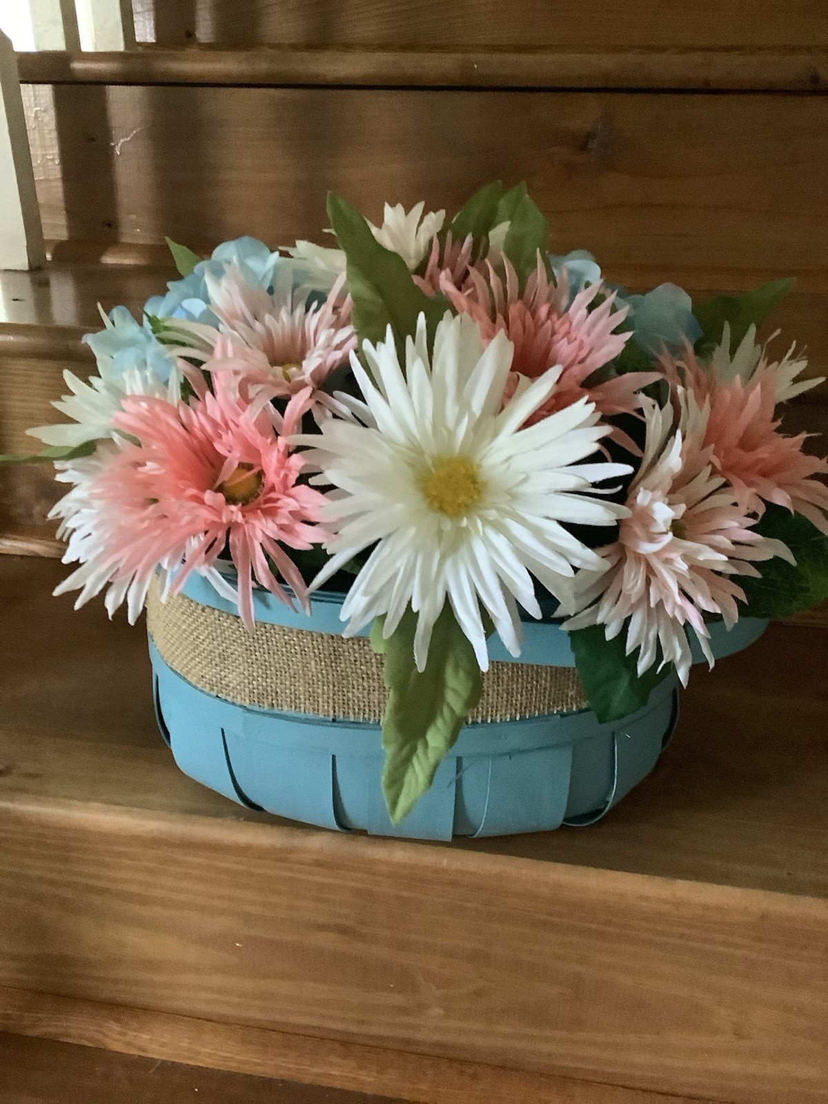 Artificial Daisy & Hydrangea Arrangement in Blue Basket, Floral