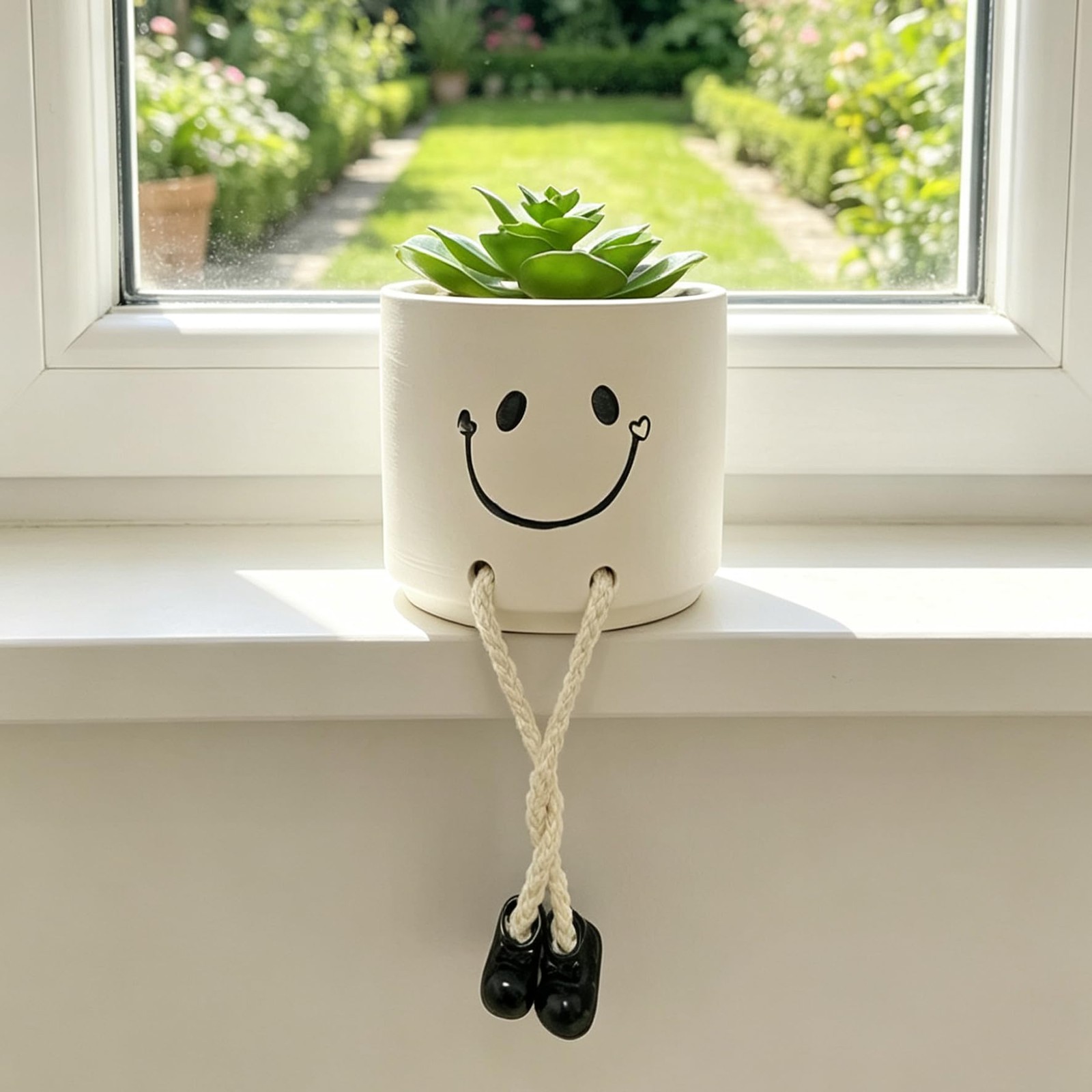 Small Fake Plants Office Decor, Cute Smiling Ceramics Planter with Artificial…