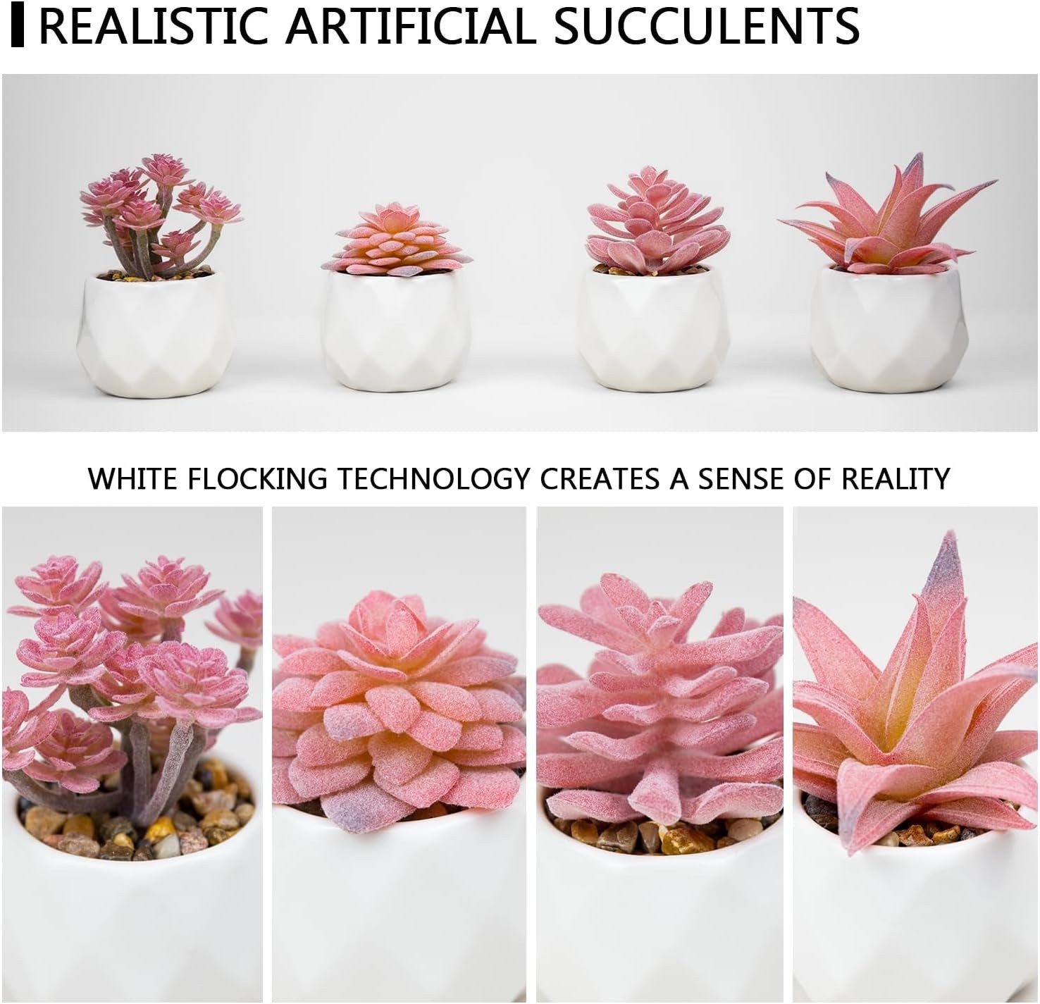 Set of 4 Rose Pink Mini Faux Succulents in White Ceramic Pots for Home Decor