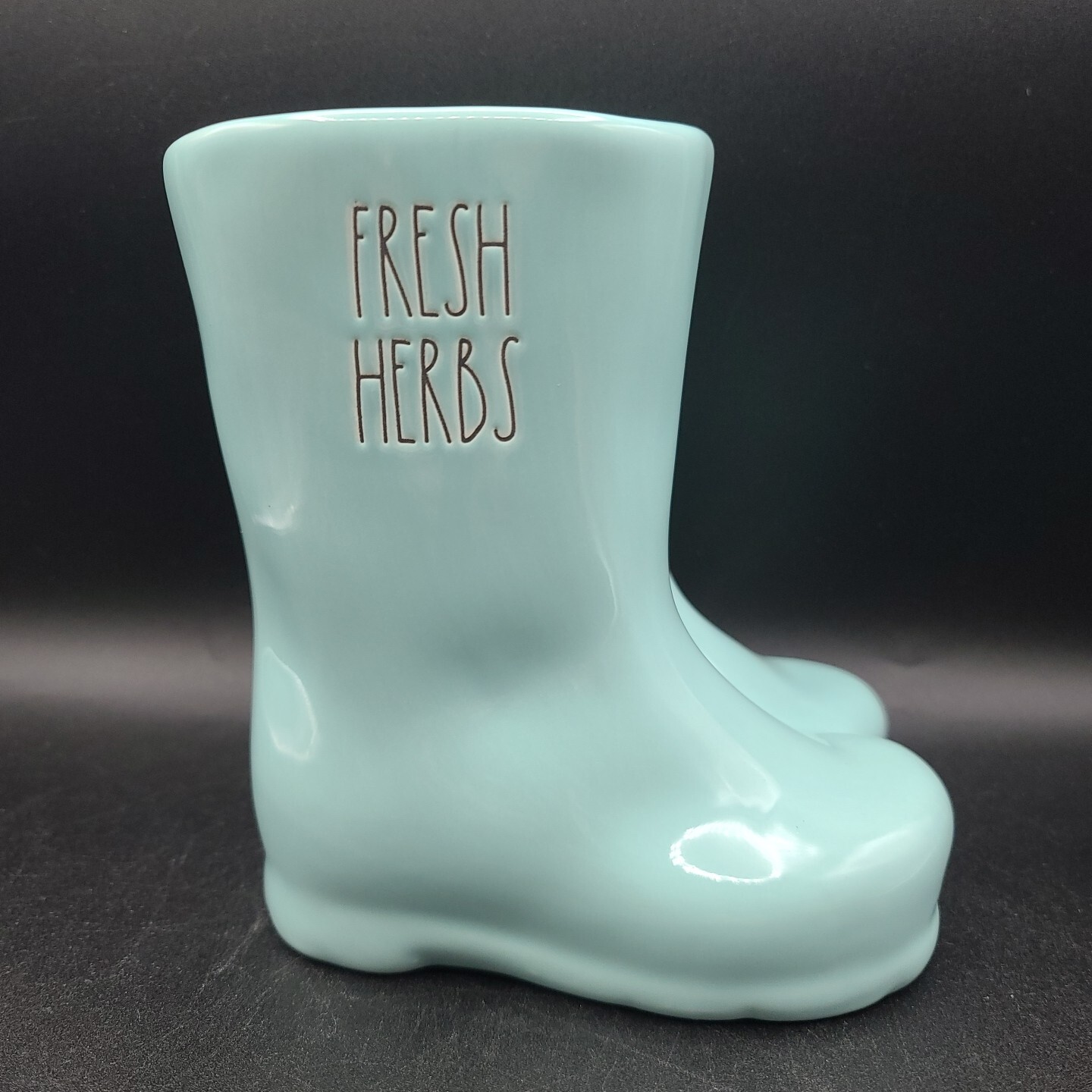 Rae Dunn “Fresh Herbs” Ceramic Rain / Garden Boots Herb Planter 7″ Aqua Blue