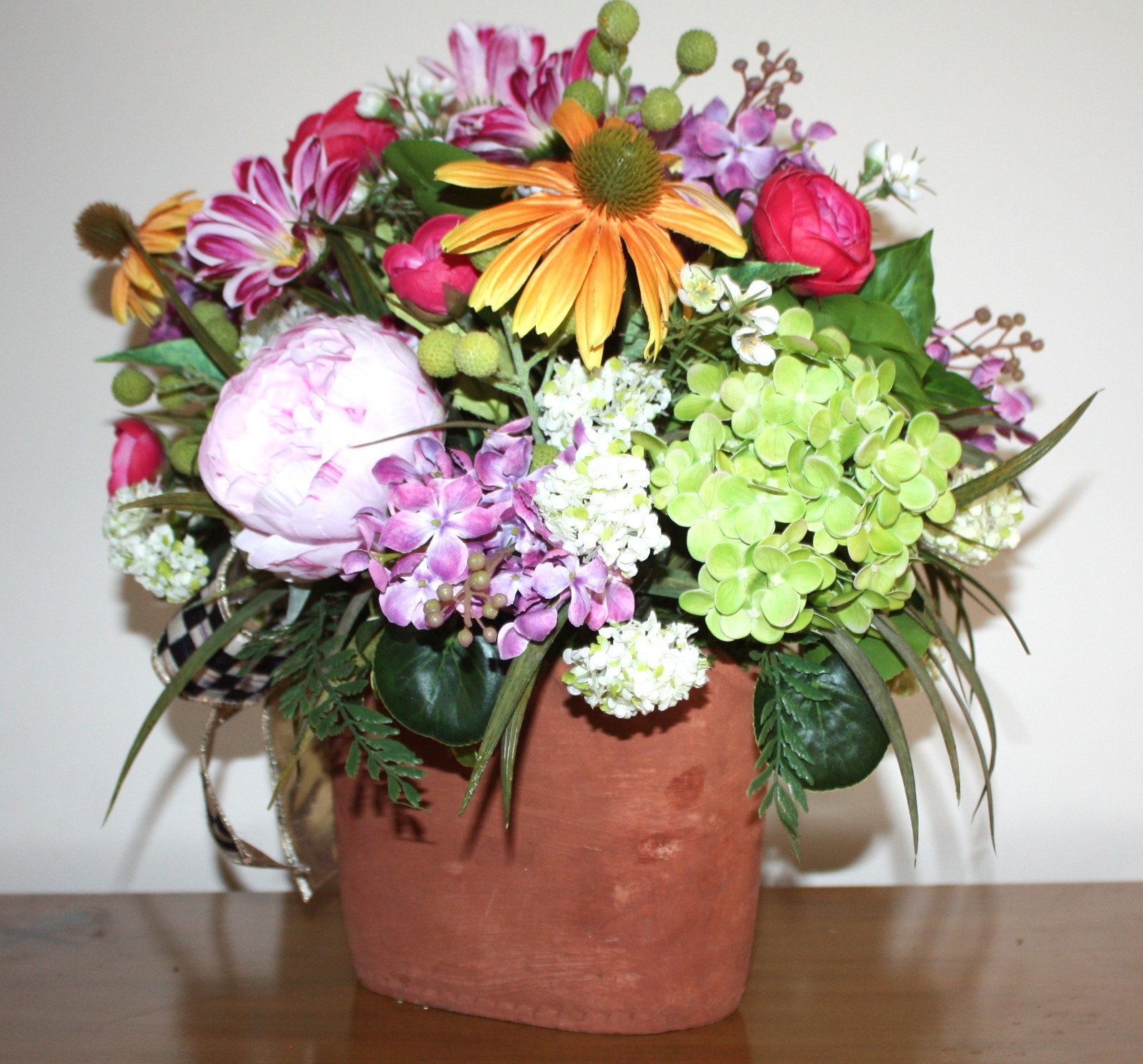 Beautiful Floral Arrangement In Terracotta Planter With Mackenzie Childs Bow!