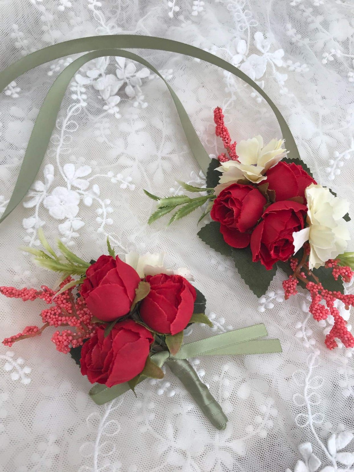 Rose Wedding Wrist Corsage and Boutonniere Set Red Hand Ribbon Suit Decor