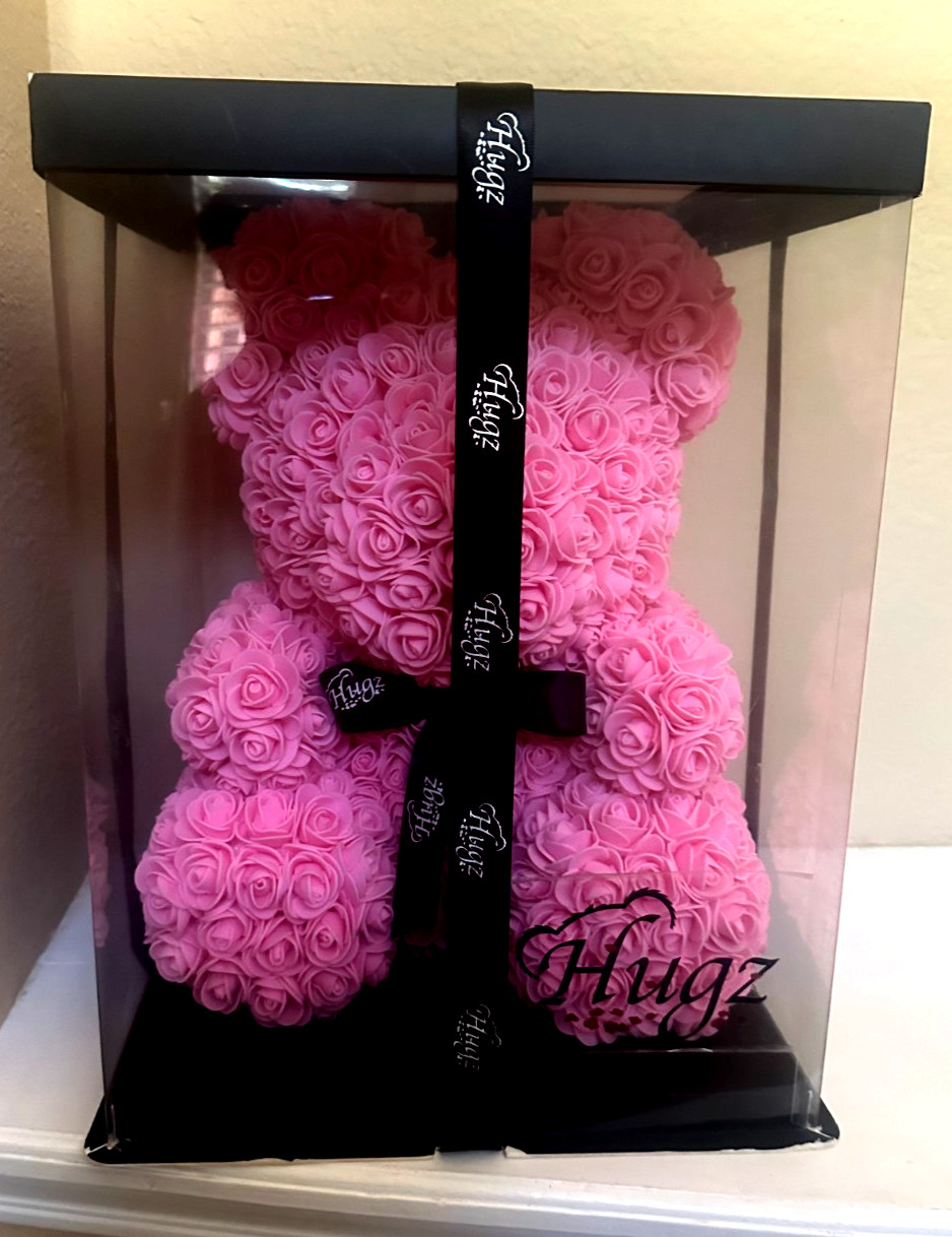 Rose Teddy Bear 14″ Pink Artificial Flower Bear in Display Gift Box