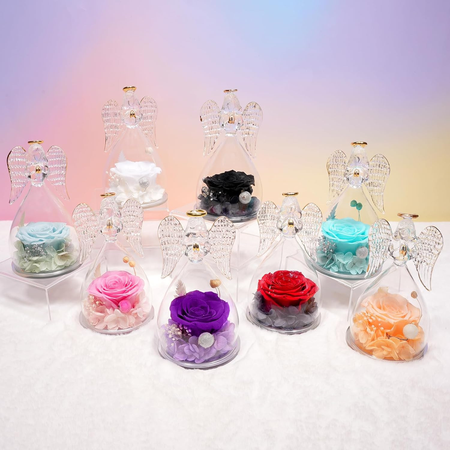 Preserved Flower Rose Birthday Gifts for Mom, Angel Figurines with Forever Real
