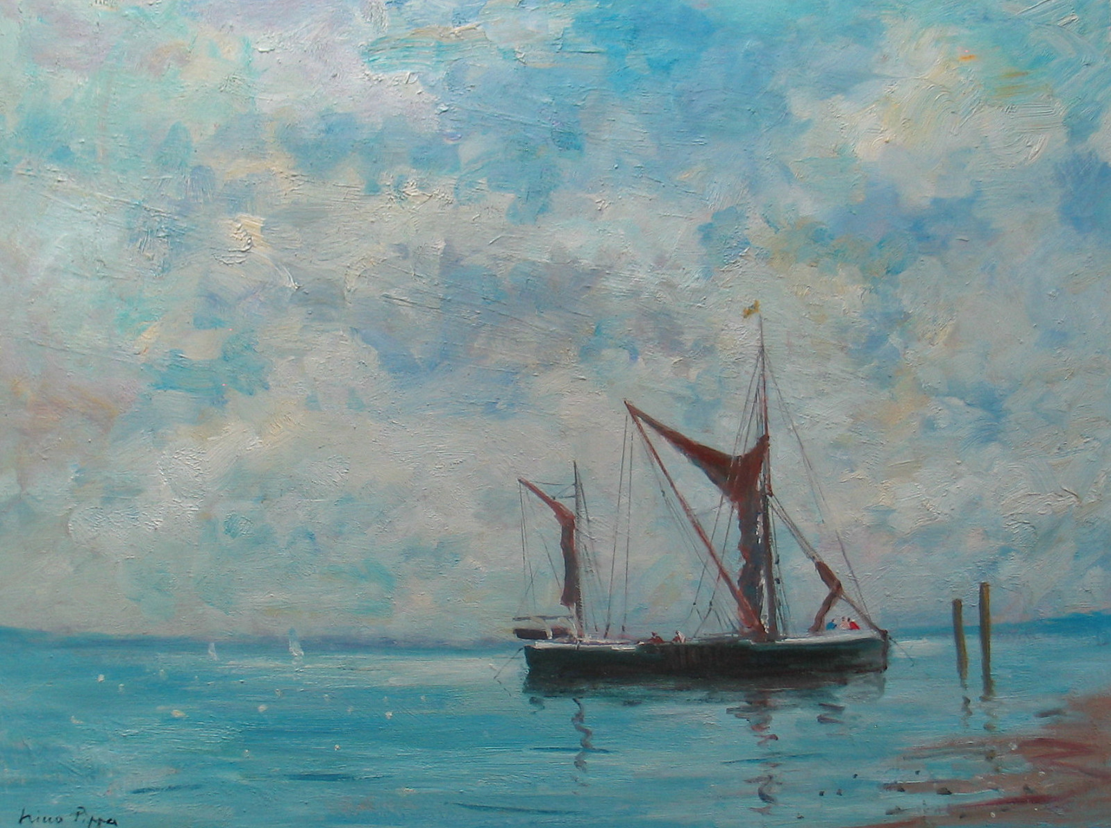 Listed American Artist Nino Pippa Painting UK East Anglia Fishing Boats COA18X24