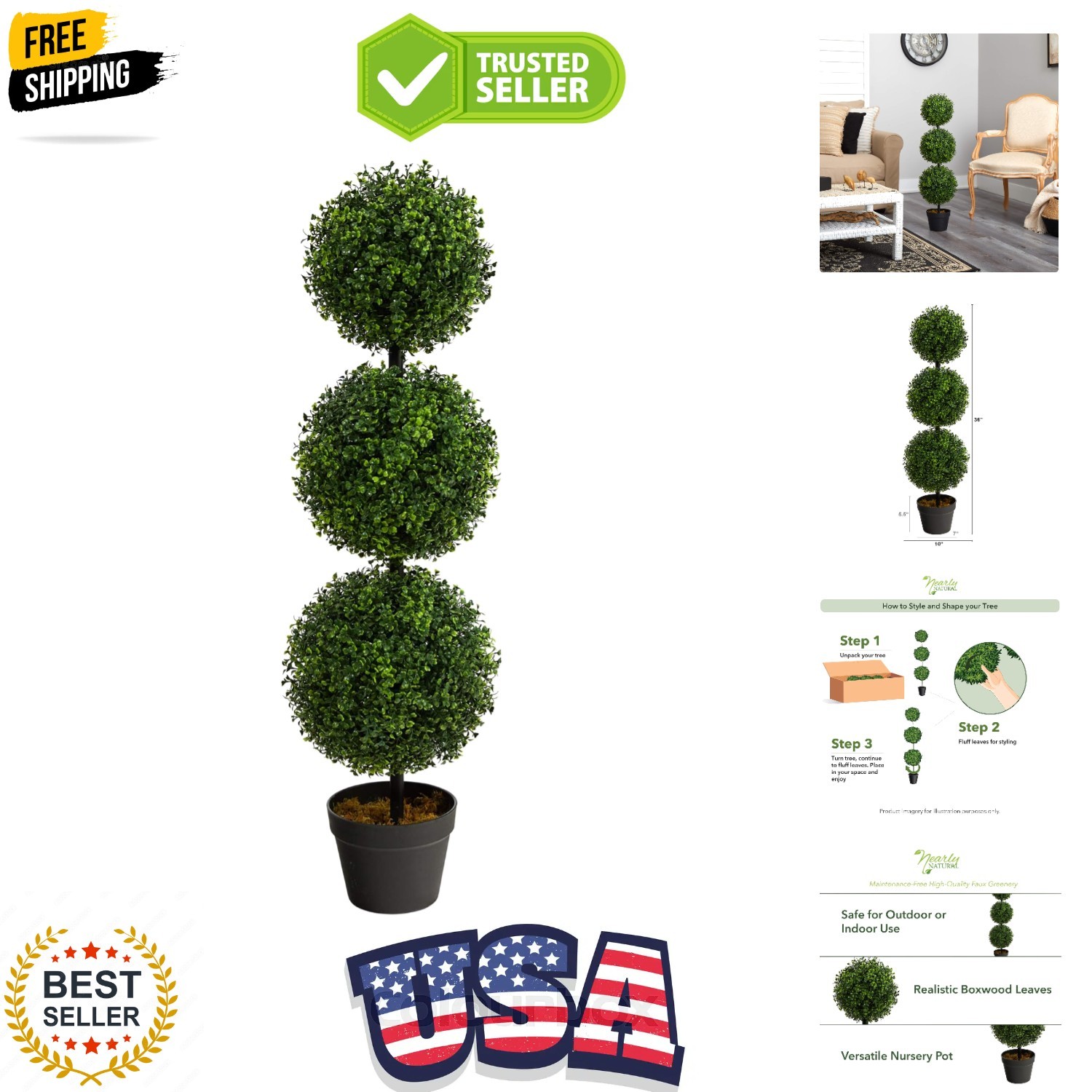 36in Artificial Triple Ball Boxwood Topiary Tree – Indoor Outdoor Realistic F…