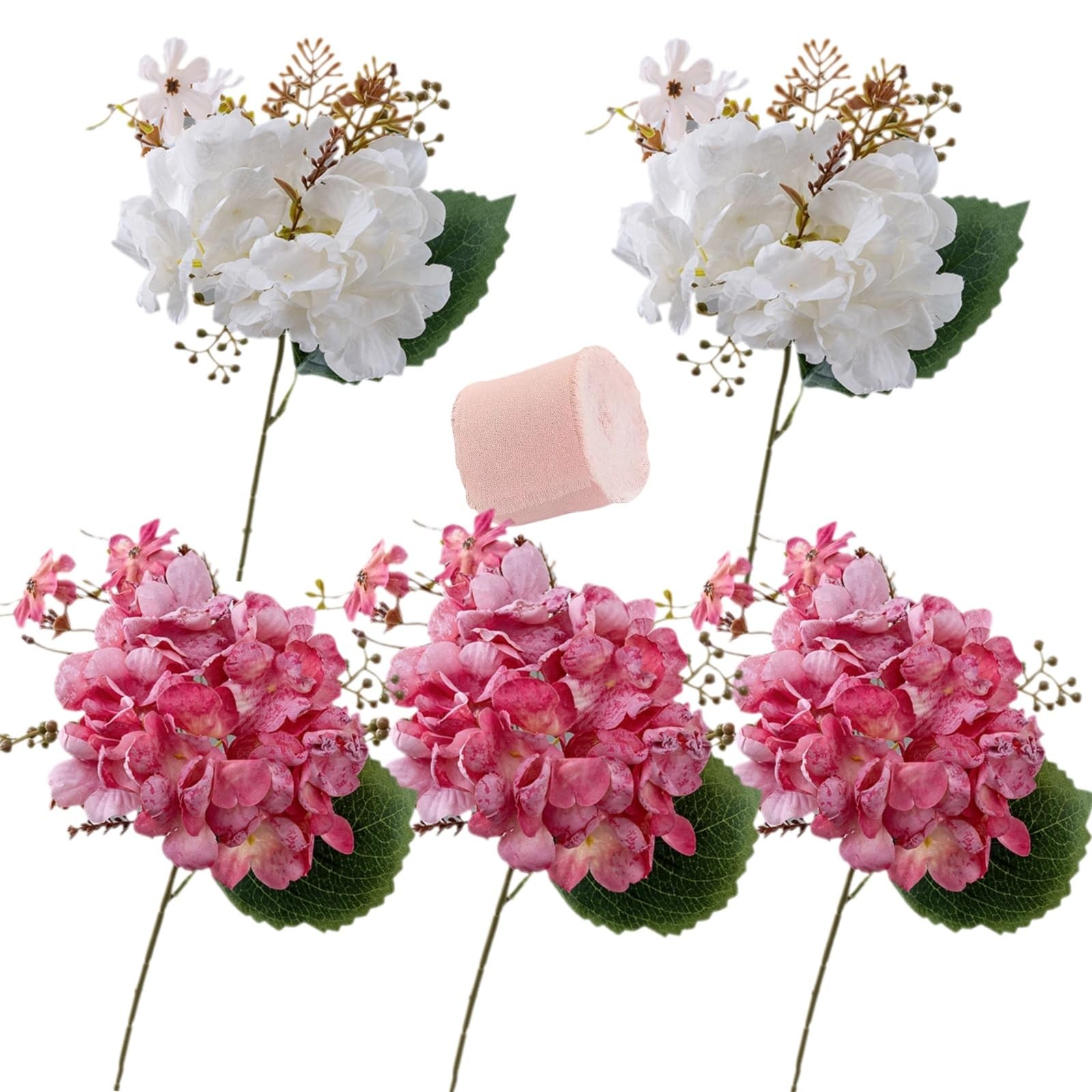 Set of 5-Stems Faux Hydrangea Silk Bouquet 13″ Tall with 10-inch Bloom Cluste…