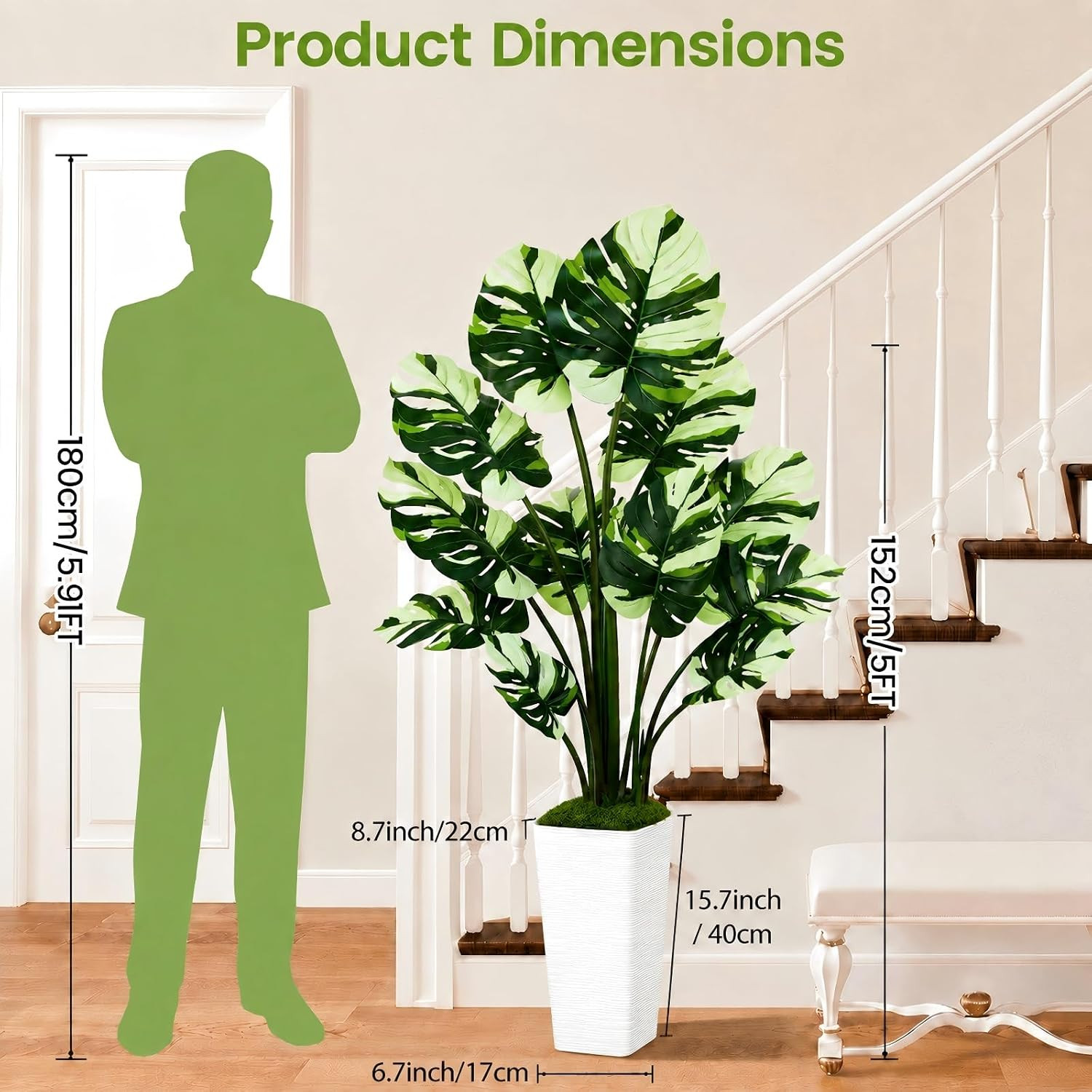 Artificial Monstera Plant, 5FT Tall Fake Tree with Real Touch Big Leaves & White