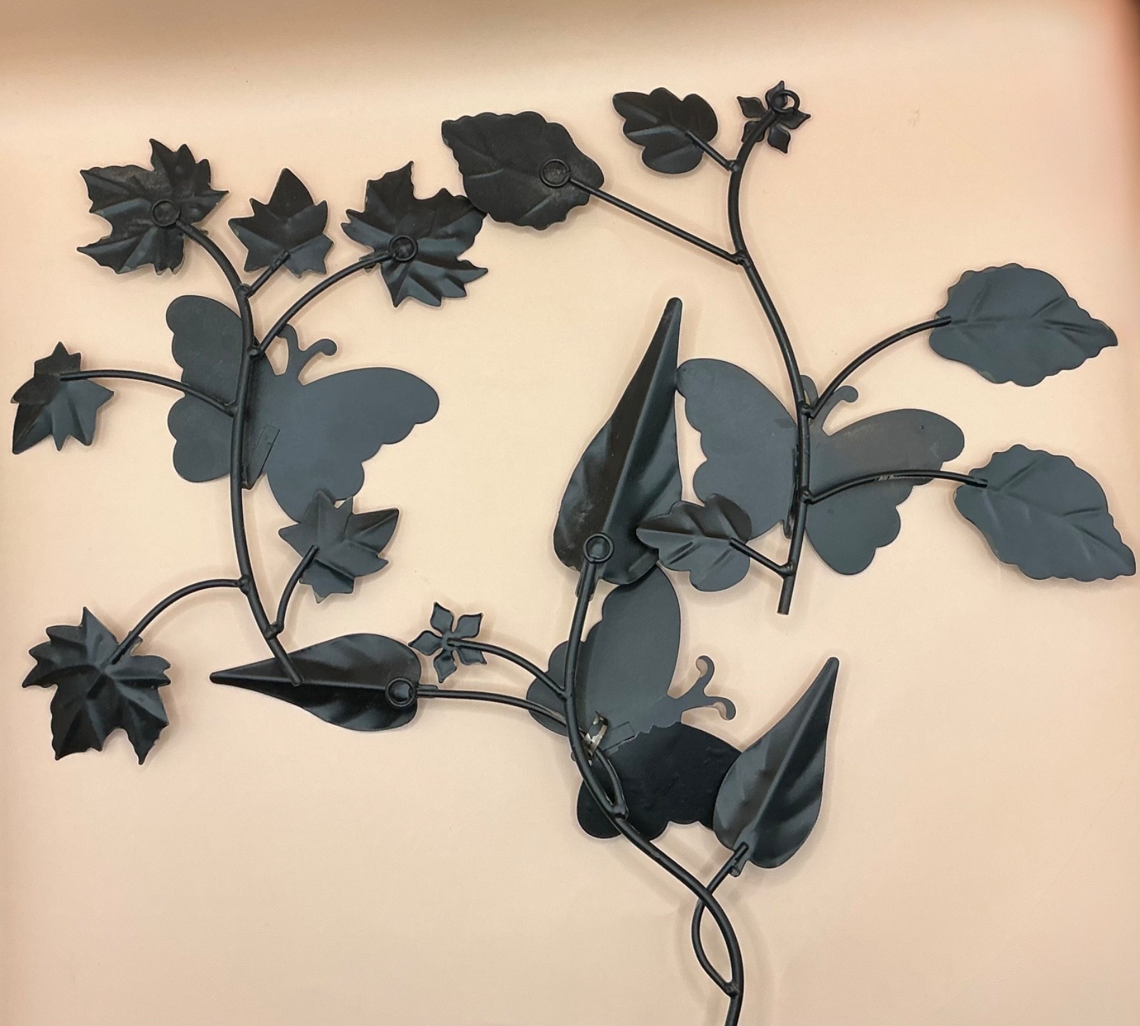 3 Decorative Hand Painted Metal Butterflies Branches Leaves Wall Art