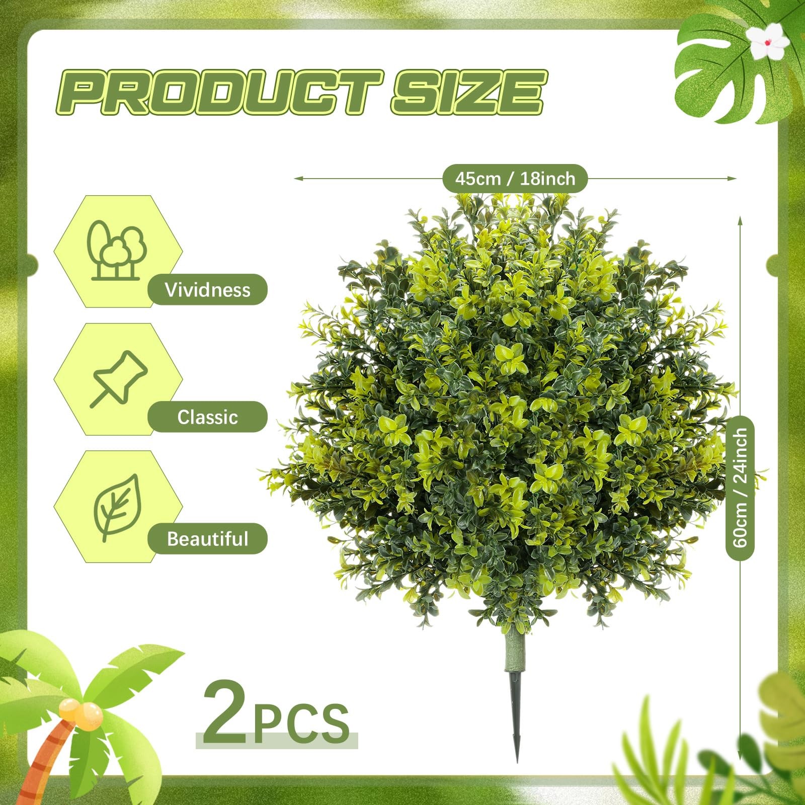 2 Pack 24″ Artificial Boxwood Topiary Ball Trees with Ground Spikes, UV Resis…