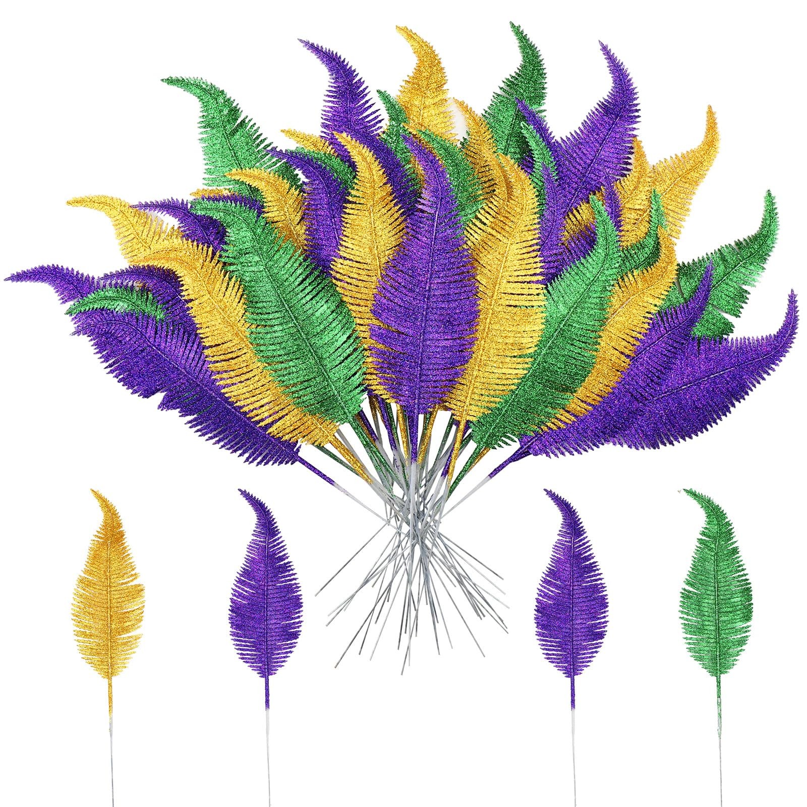 48 Pcs Mardi Gras Glitter Leaves Feather 13.4” Faux Sparkly Feather Leaves M…