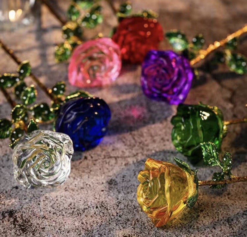 Crystal Glass Red❤️Rose Flower Gold Plated Long Stem Love Valentine’s Day Gift🌹