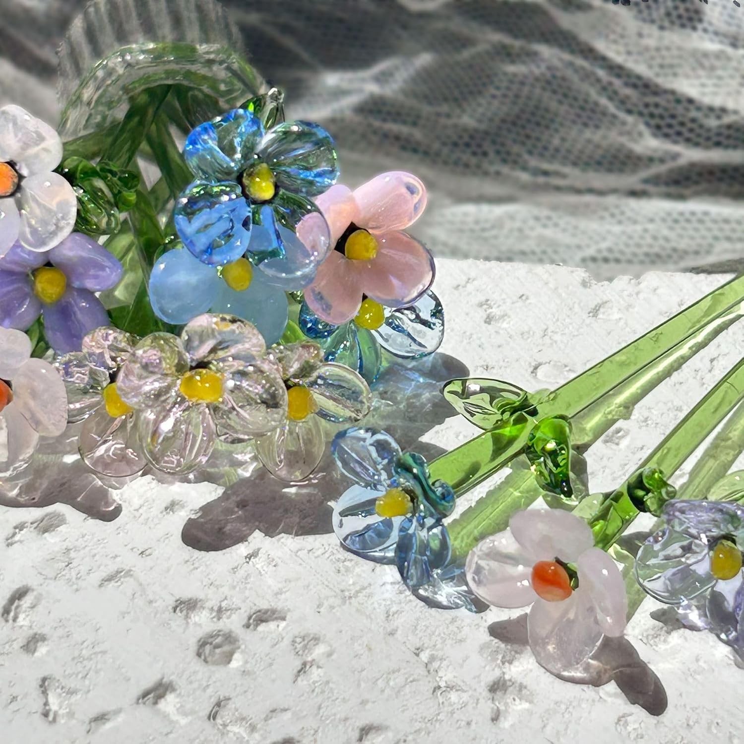 14Pcs Mini Glass Flowers Bouquet Colorful Hand Blown Glass Flower with Vase Arti