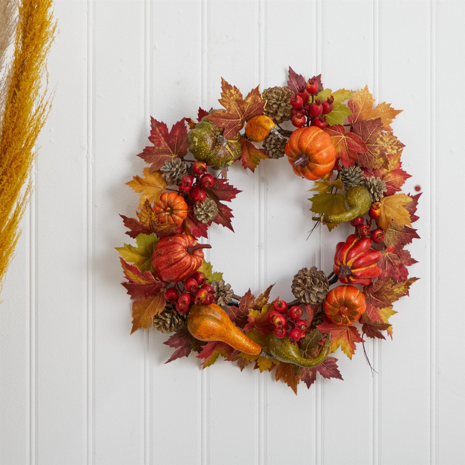 Nearly Natural 24″ Pumpkin Gourd Berry & Maple Leaf Wreath in Orange