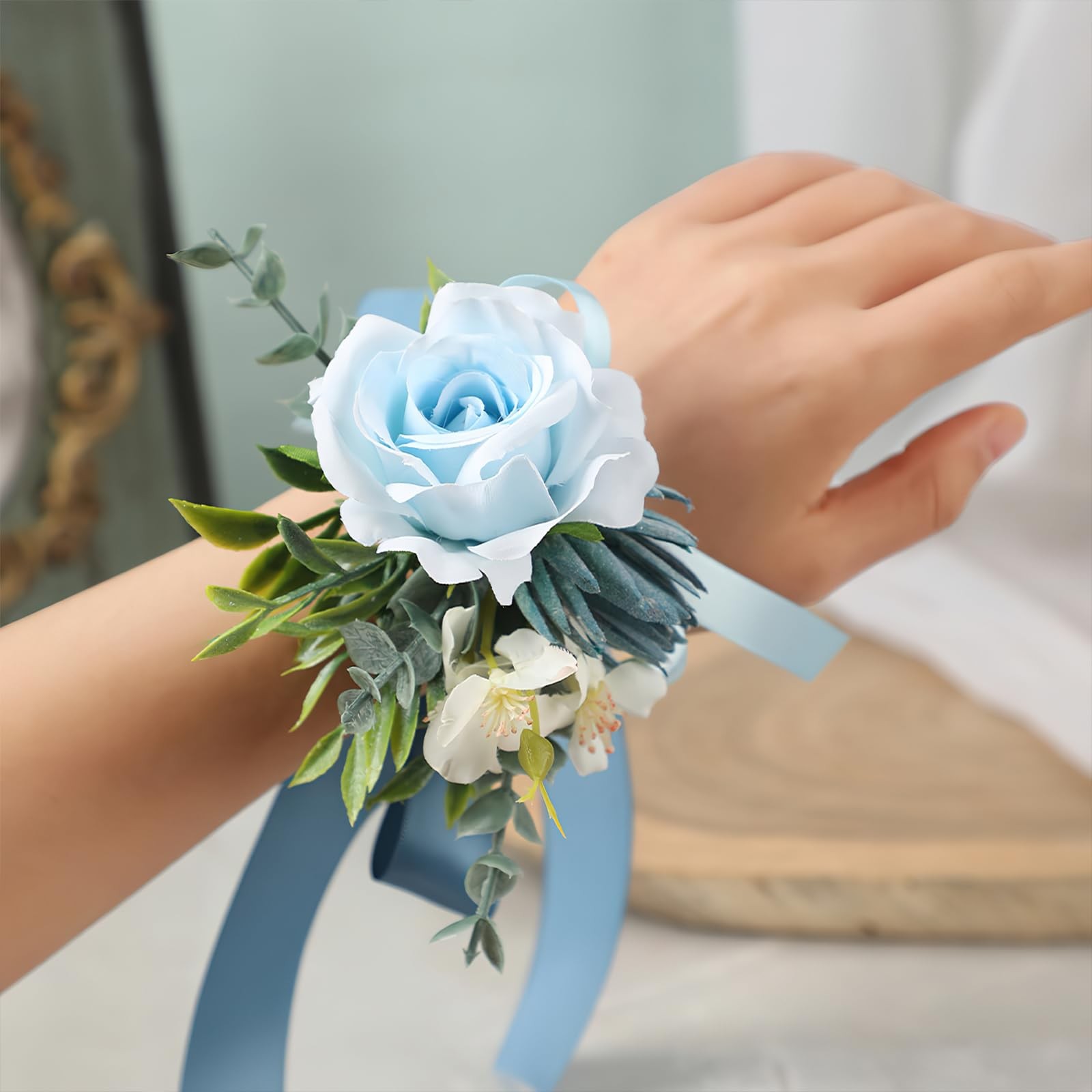 2 PCS Light Blue Artificial Rose Wrist Corsage Boutonniere Set Groom Groomsmen
