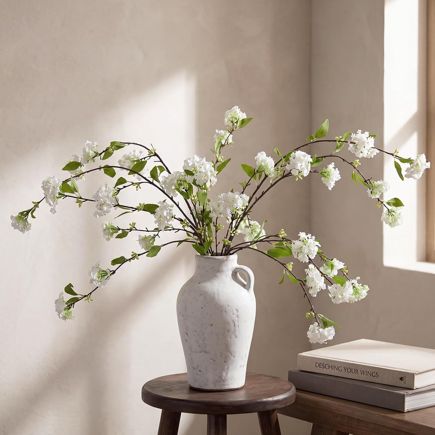 4 Pcs Faux Snowball Viburnum & Hydrangea Long Stem Flowers for Home Decor