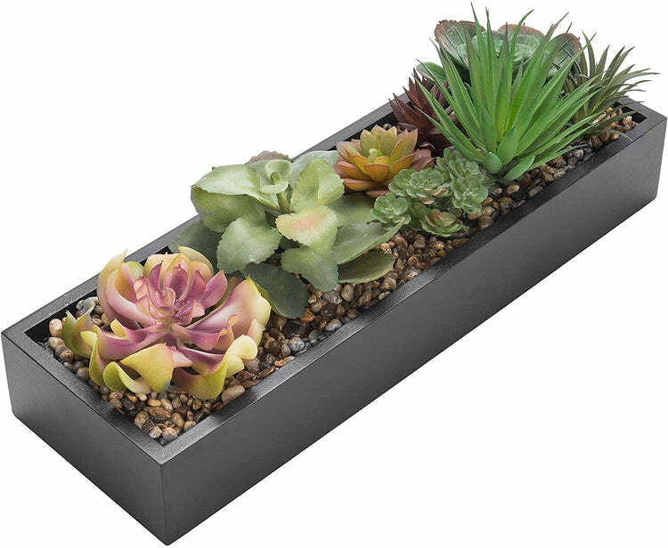 Artificial Assorted Succulent Arrangement in Rectangular Black Wood Planter Box