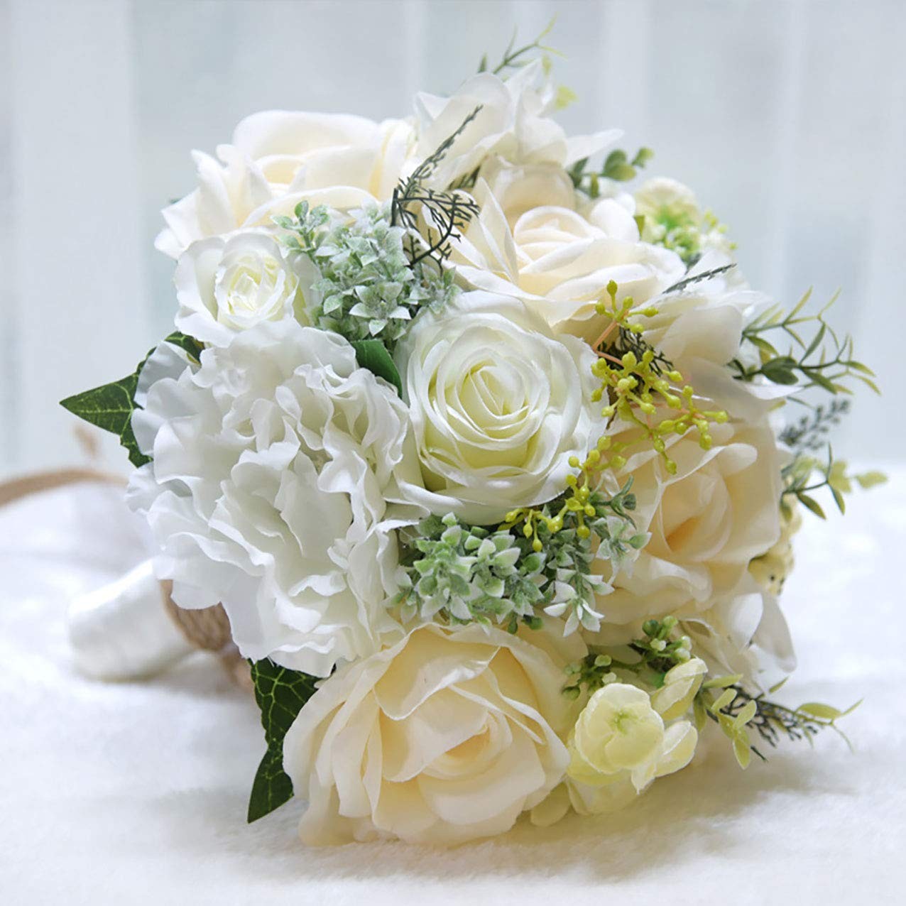 9.8″ Bridal Holding Wedding Bouquet Real-Looking Mixed Flowers Ivory Greenery…