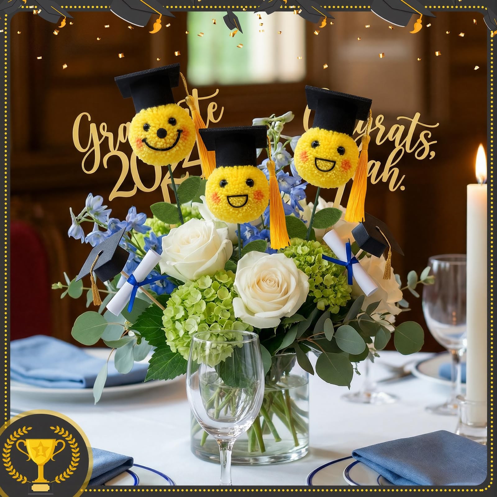 6 PCS Graduation Decorations Class 2026 Bouquet Accessories Gold Pom Mum