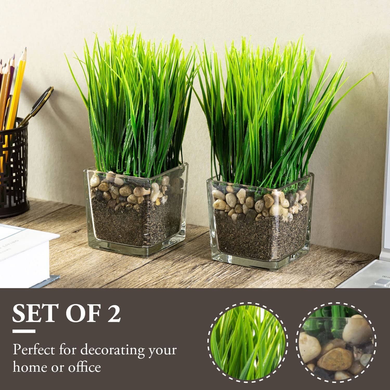 Artificial Grass Plants in Clear Glass Pots w/ Faux Pebbles & Soil, Set of 2