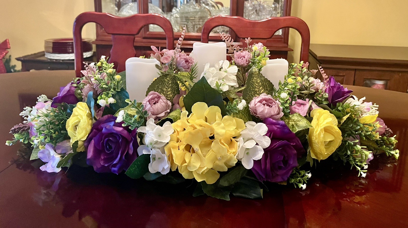Purple Hydrangea And Roses Floral Arrangement Purple Pillar Candle Centerpiece