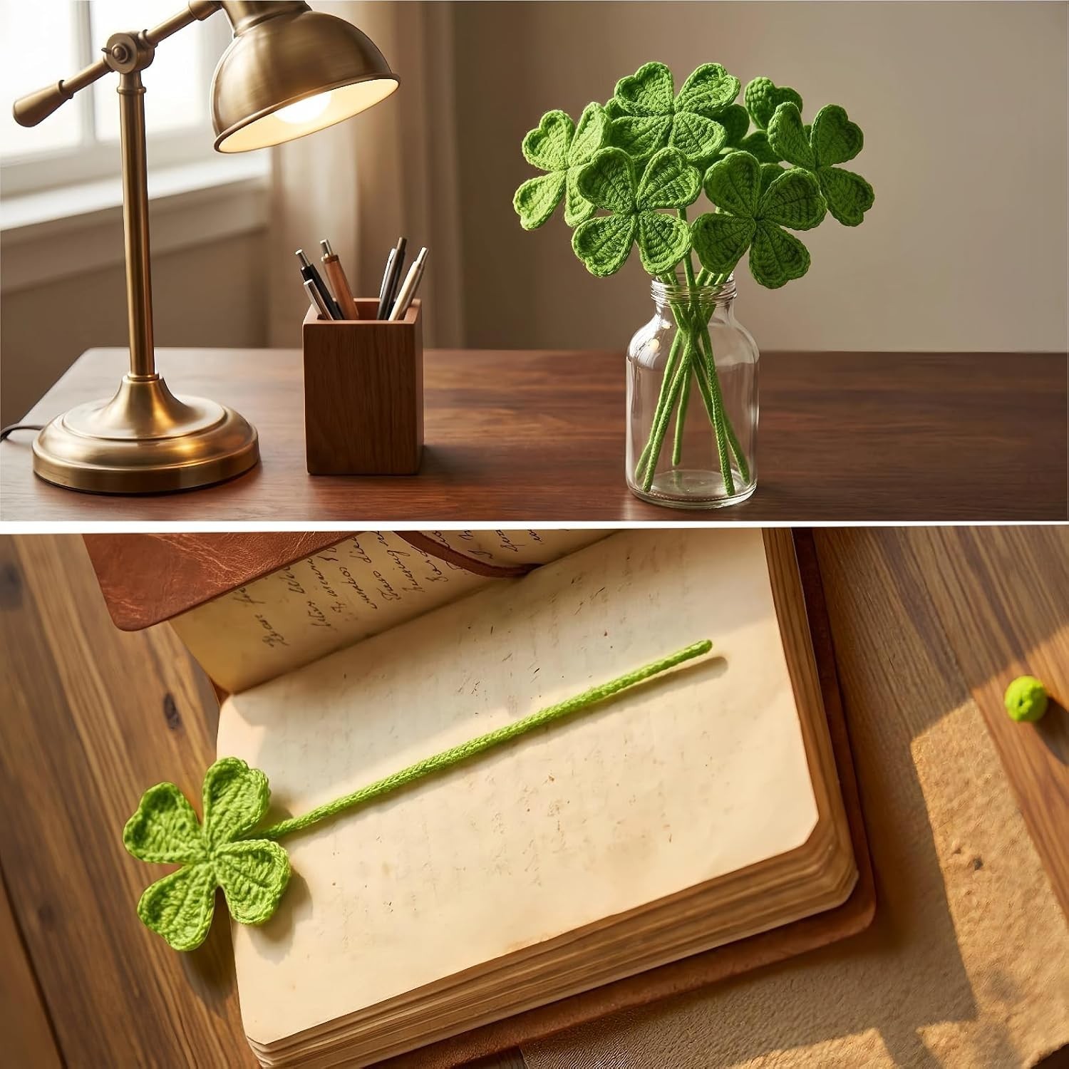 5Pcs Handmade Crochet Four Leaf Clover Bendable Non-Wilt Lucky Decor | Handcr…