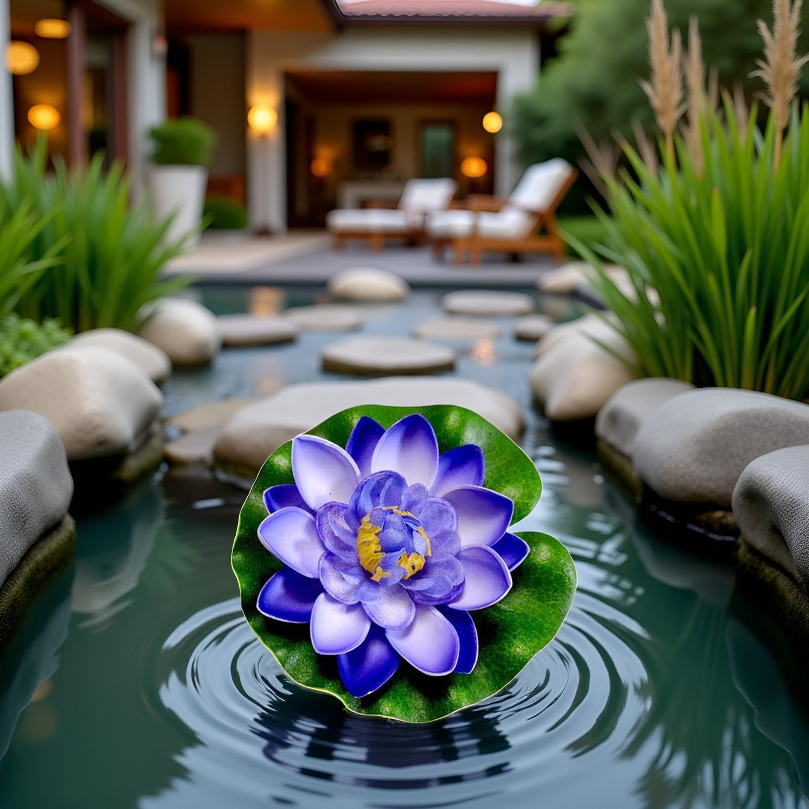 1pc Blue Artificial Floating Foam Lotus Flower with Water Lily Pad,Lifelike P…