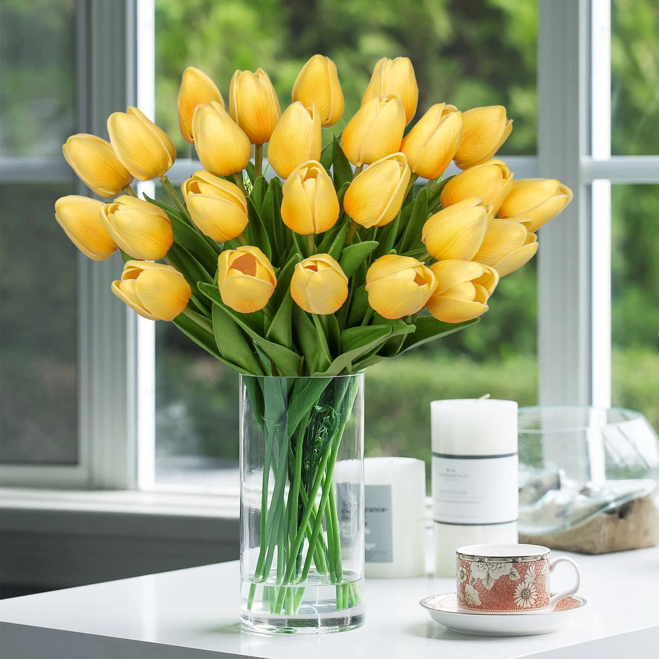 24 Pcs Yellow Tulips Artificial Flowers Real Touch Fake Tulips Fake Flowers f…