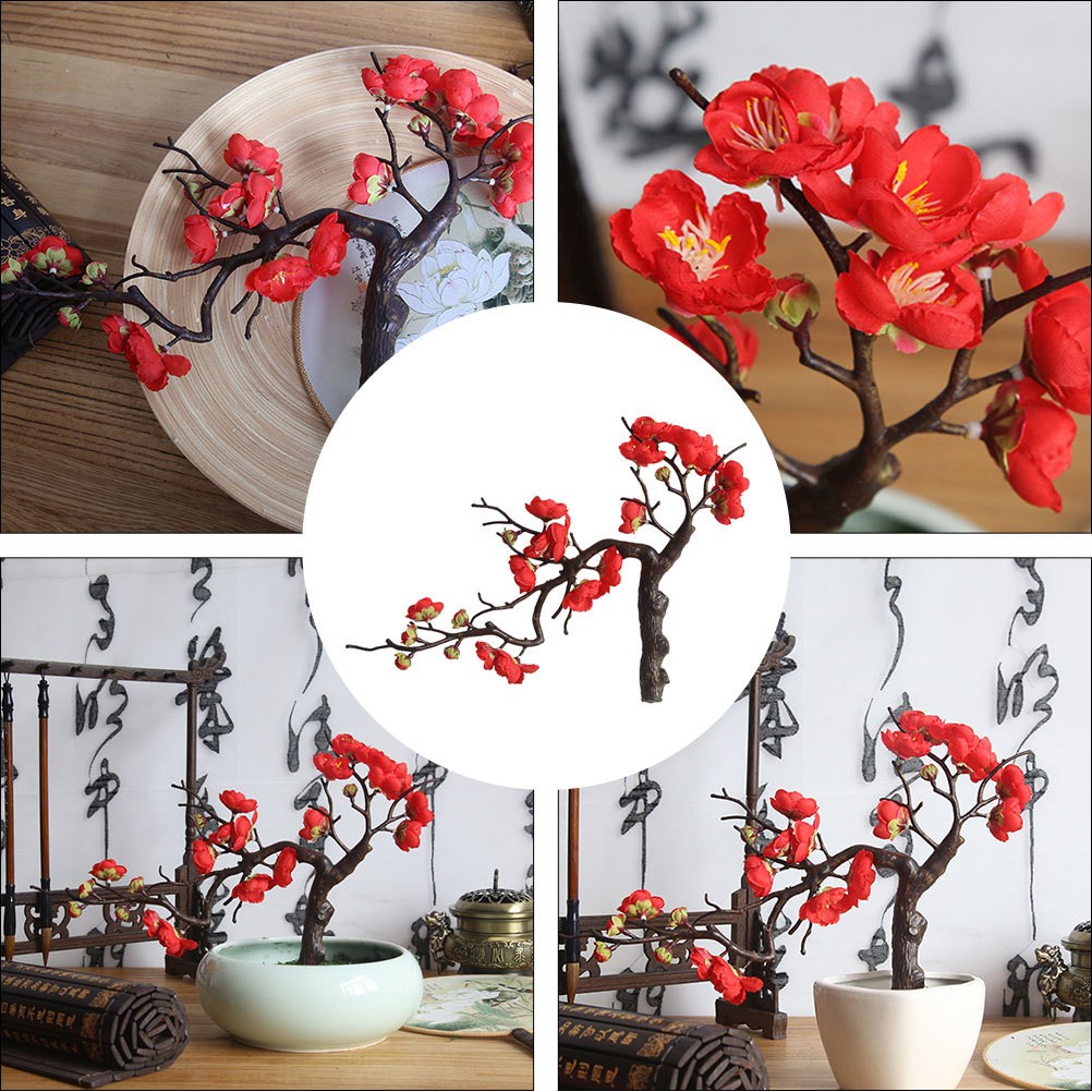 1Pc Natural Looking Red Simulation Plum Blossom Flower for Room and Party Decor