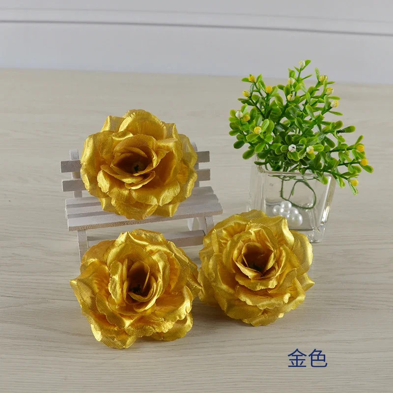 8cm Gold/Silver Artificial Rose Silk Flower Heads for DIY Decor