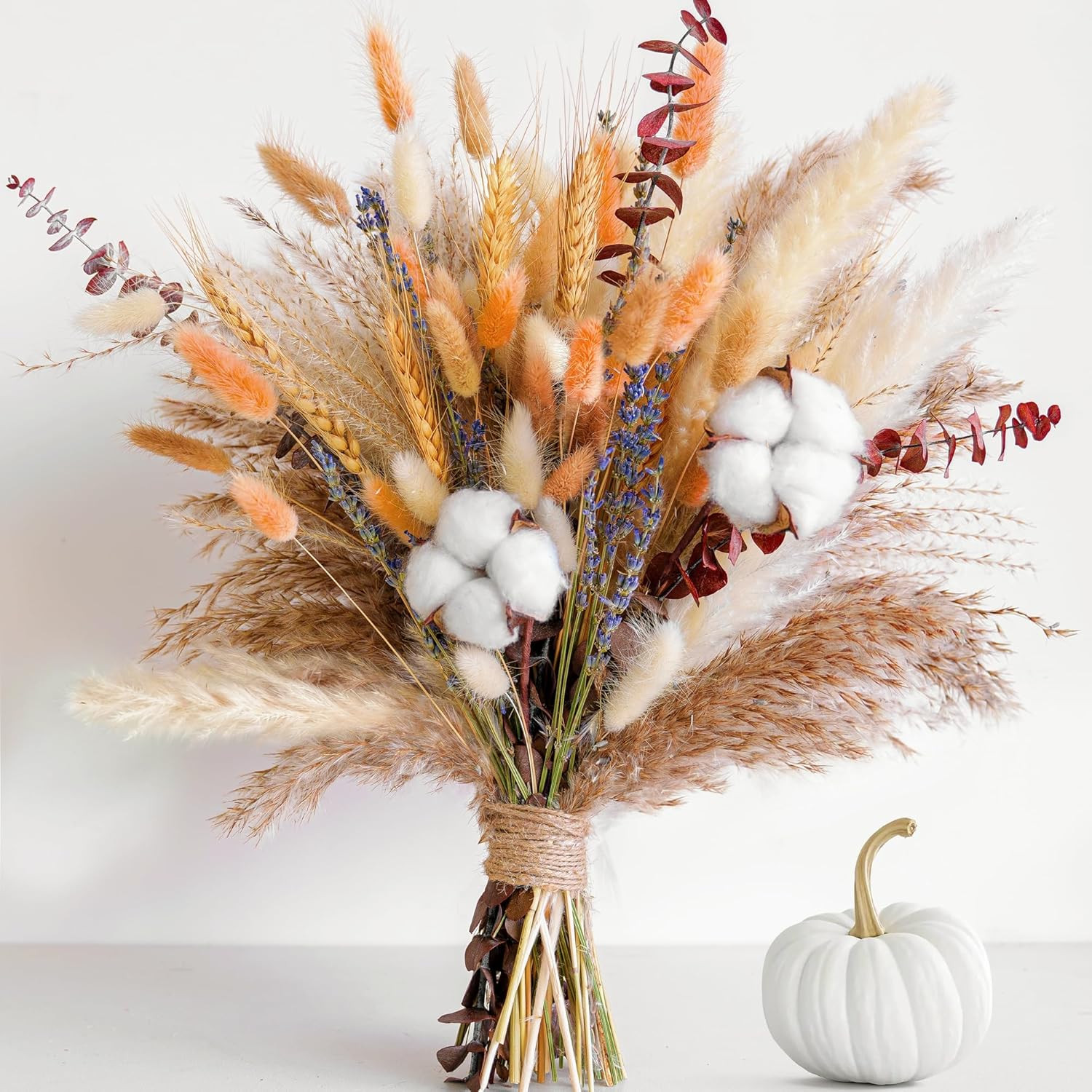 Fall Dried Flower Bouquet – Boho Fall Decor with Pampas Grass, Cotton, and Orang