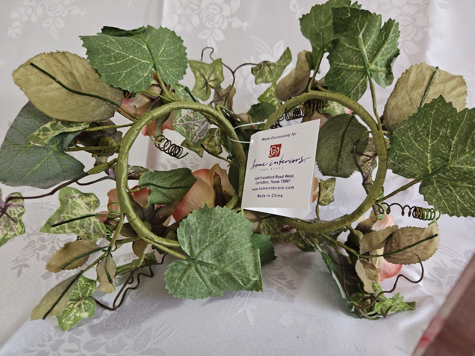 Home Interiors 40501 Victorian Rose Ivy Pair Candle Rings /Peach Pink Sage/New