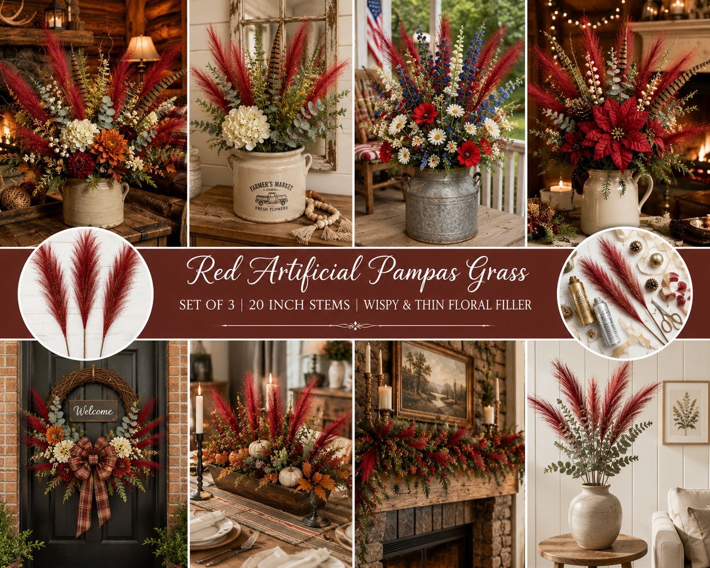 Red Artificial Pampas Grass Stems Set of 3, 20 Inch Faux Pampas Grass, Wispy Flo