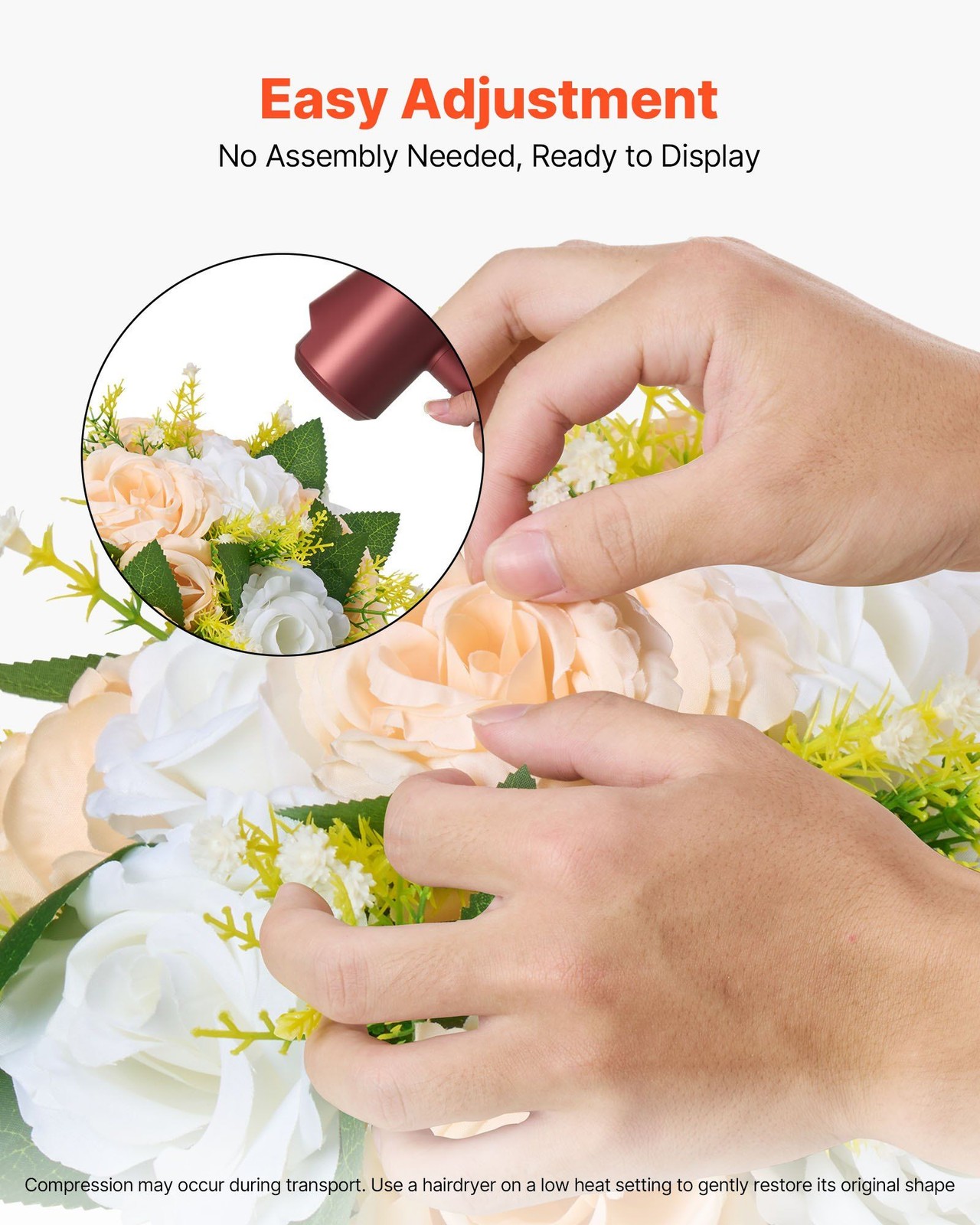 Champagne White 9.5in Artificial Roses, 10 Piece Silk Flower Ball Centerpiece