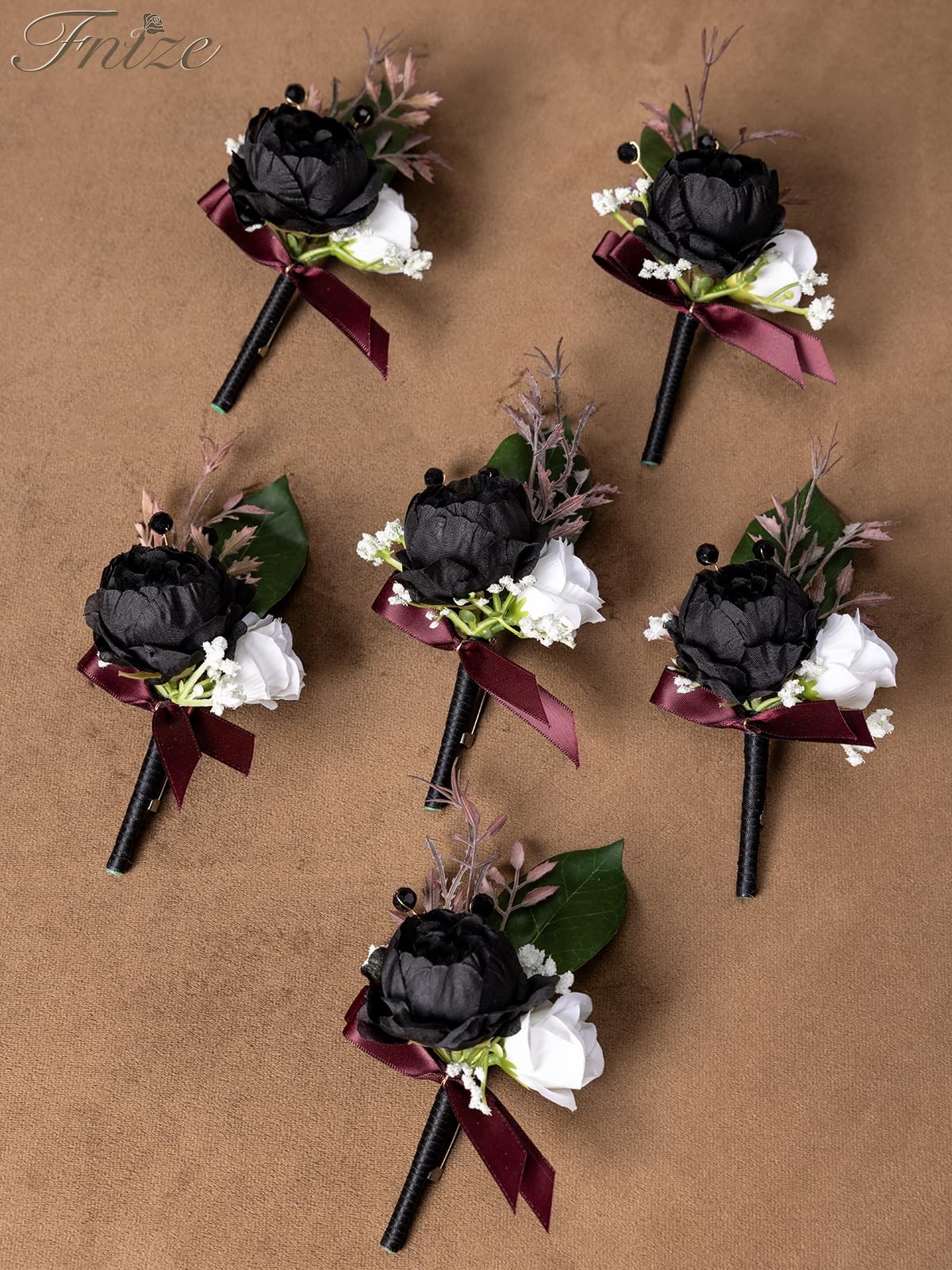 6 PCS Black White Men Boutonniere Artificial Silk Flower Wedding Prom Grooms