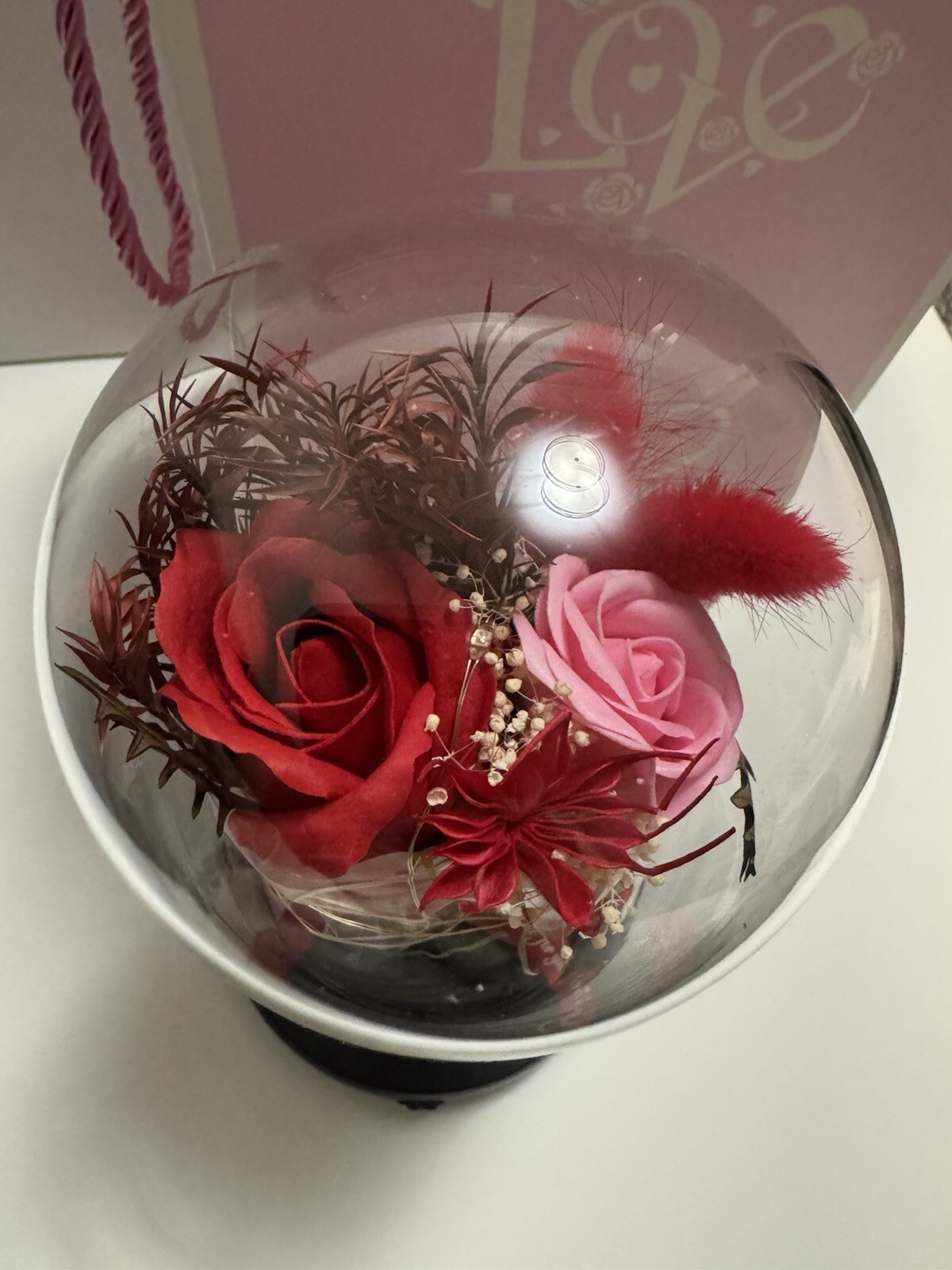 Rose Of Love LED Lights Red Rose Glass Dome. NIB.