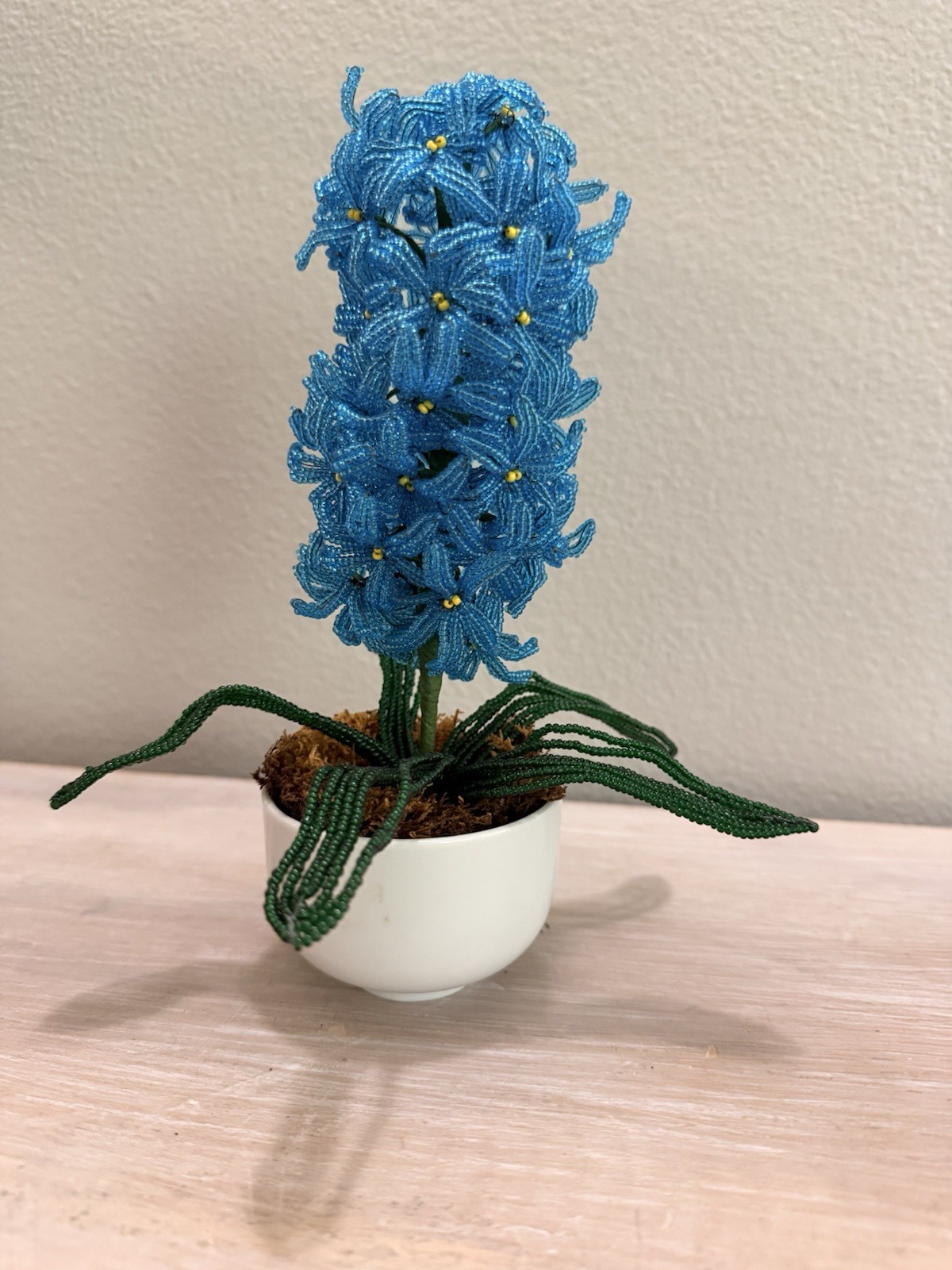 OMC Japan French Beaded Blue Hyacinth Arrangement in White Ceramic Pot 8 in