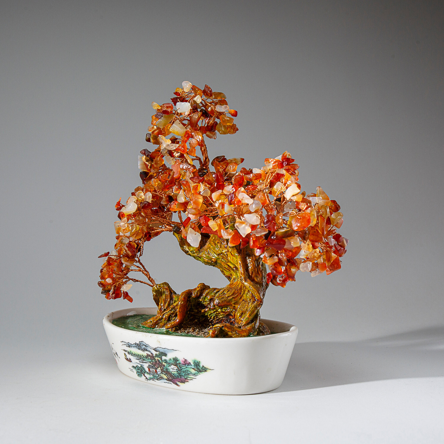 Genuine Carnelian Bonsai Gemstone Tree in Oval Ceramic Pot (9”)