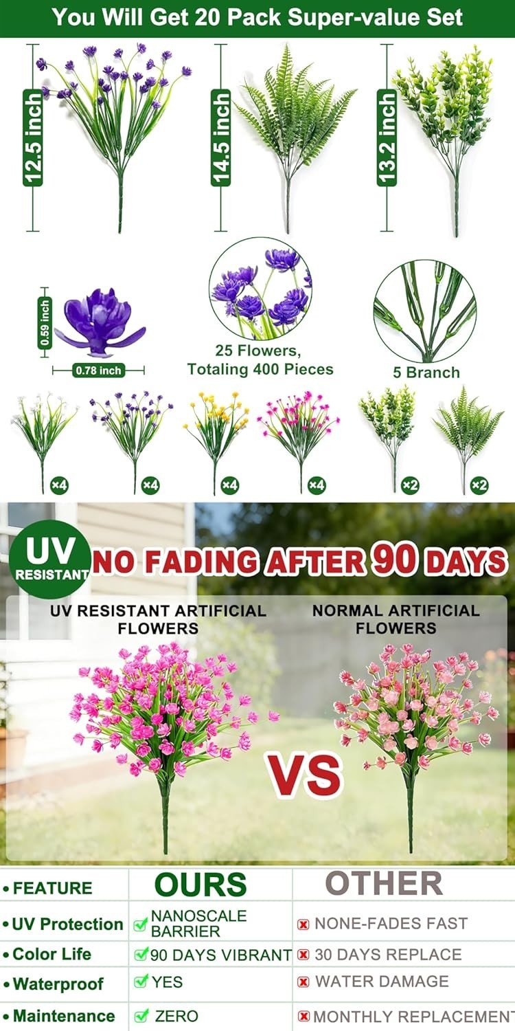 Low Maintenance 20 Bundles Faux Flowers – Elegant Spring Decor for All Occasions