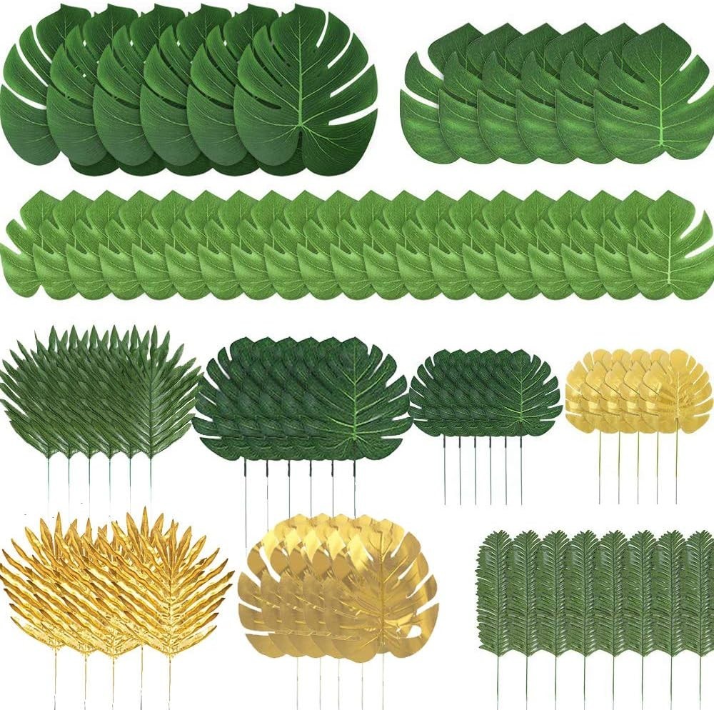 72 Pcs 10 Kinds Artificial Palm Leave Golden Tropical Leaves Jungle Leaves Decor